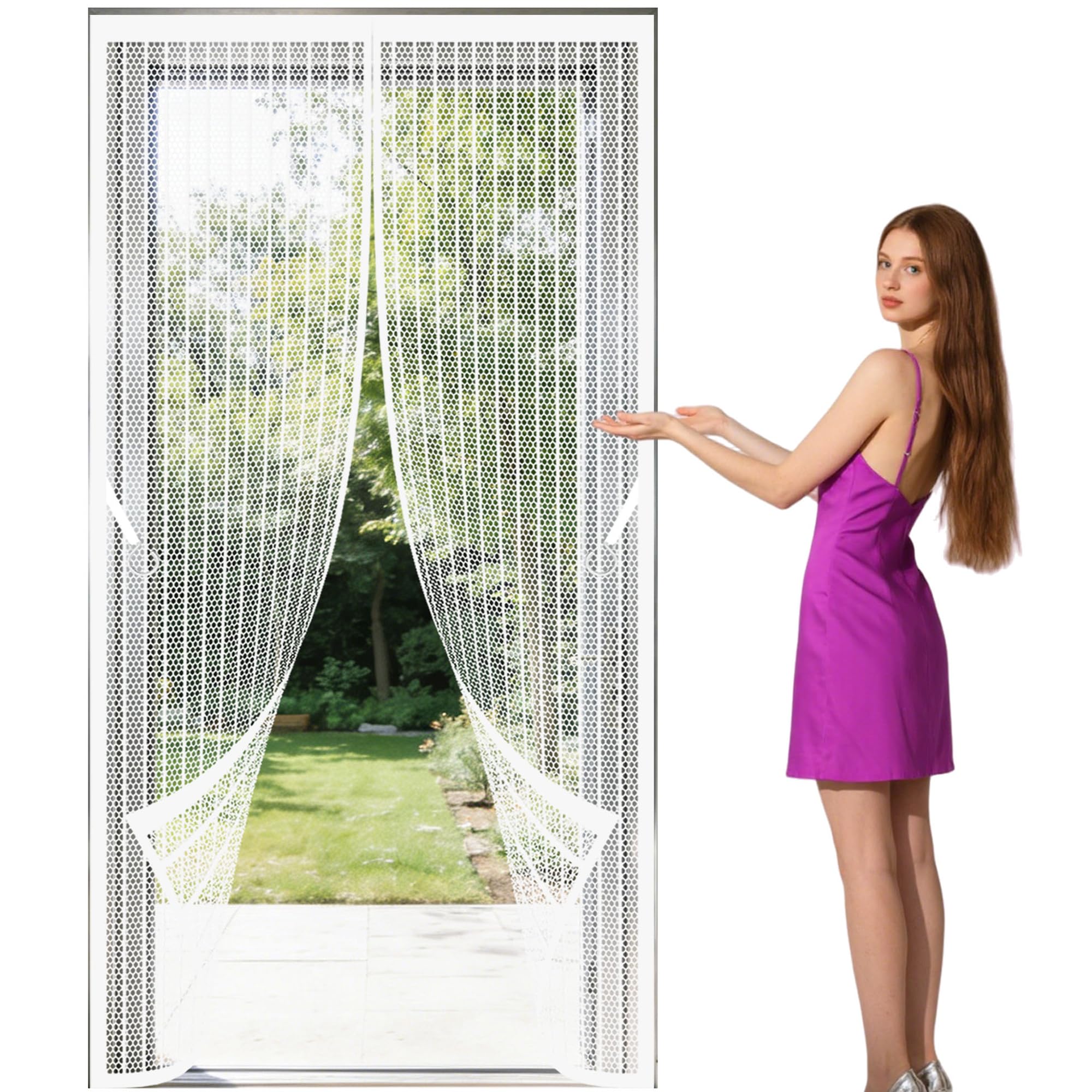 Polyester Magnetic Door 92 x 209 cm No Drill Installation Anti Mosquito Mesh Fly Curtain Keeps Bugs Out for Living Room, Bedroom, Patio, White