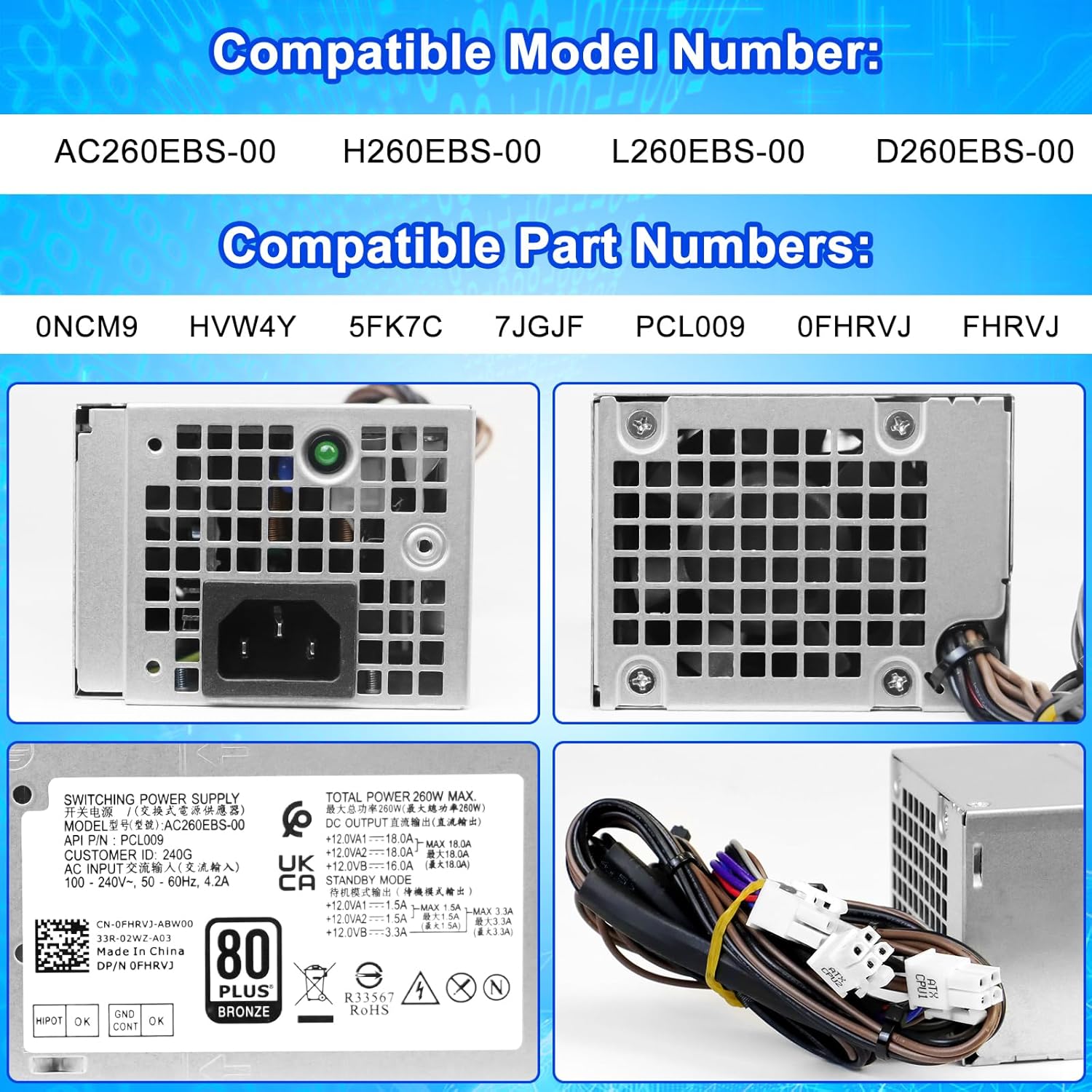 Upgraded AC260EBS-00 260W Power Supply PSU Compatible with Dell Optiplex 3000MT 5000MT 7000MT Vostro 3710 3910 T3660 H260EBS-00 L260EBS-00 D260EBS-00 0NCM9 HVW4Y 5FK7C 7JGJF AC260EBS-00 Power Supply
