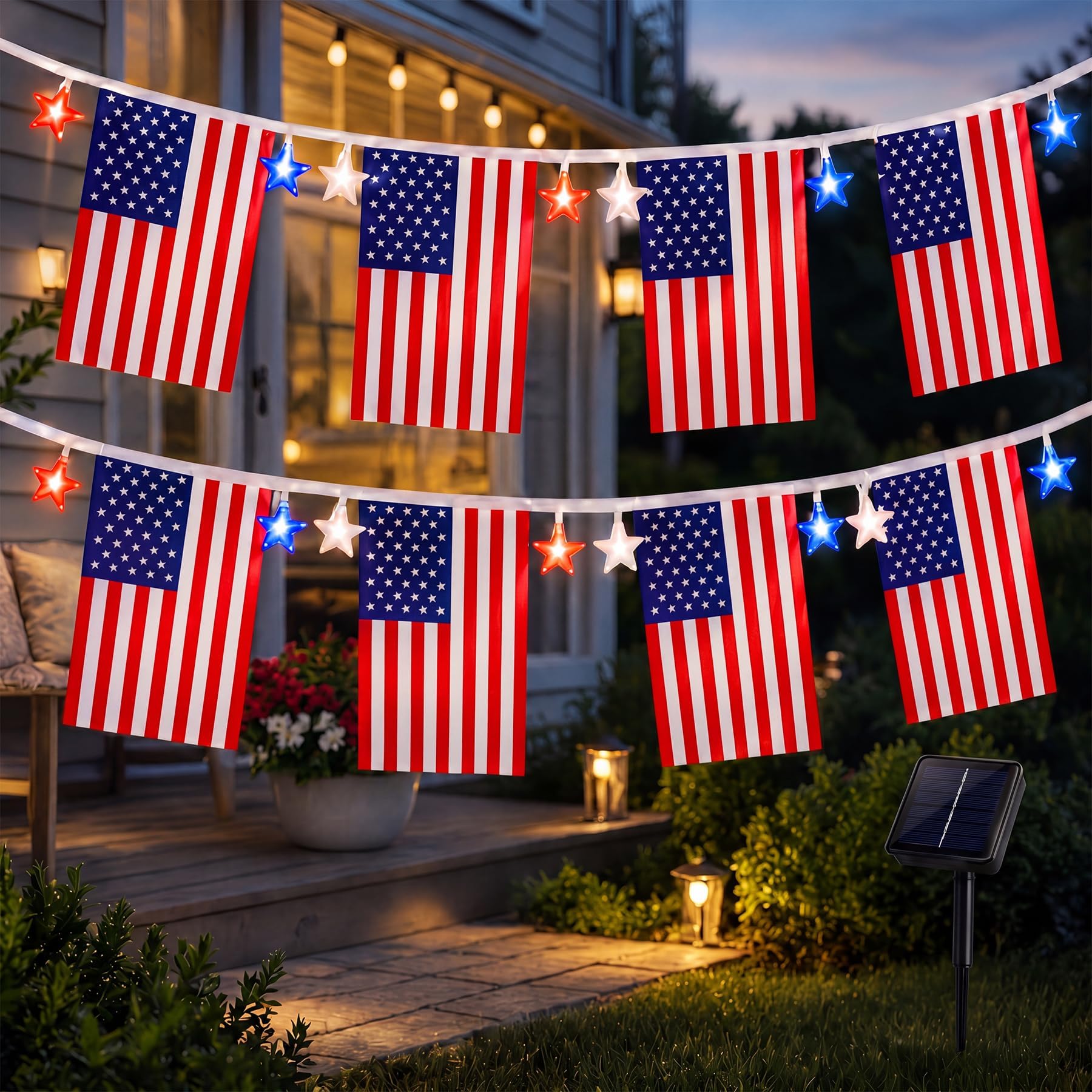 Photo 1 of Solar 4th of July Decorations Outdoor, American Flag String Lights, 50 LED