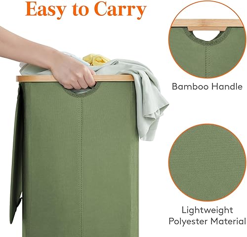 Miniatura 16 de Lifewit Cesta grande de 100 litros con tapa para ropa con asas de bambú y bolsa extraíble, plegable para dormitorio, baño, residencia universitaria
