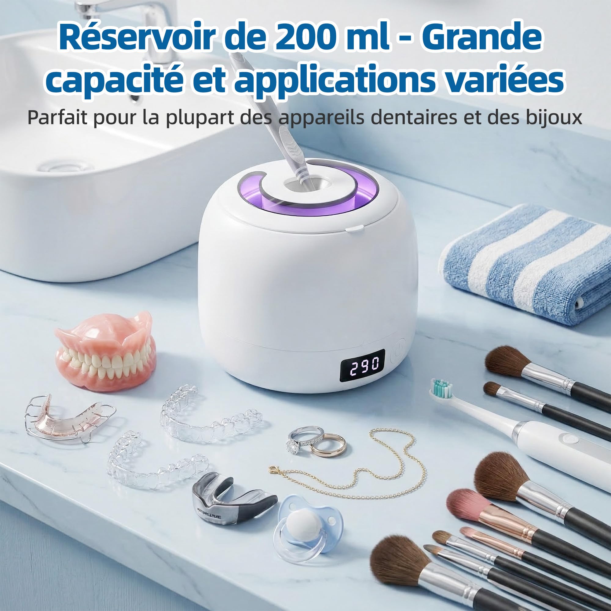 Carehabi Nettoyeur Ultrason Appareil Dentaire, Dental Pod 45kHz, Réservoir Amovible 200mL avec 4 Lumières U-V, Machine Nettoyage Silencieuse pour Gouttière, Invisalign, Dentier et Brosses