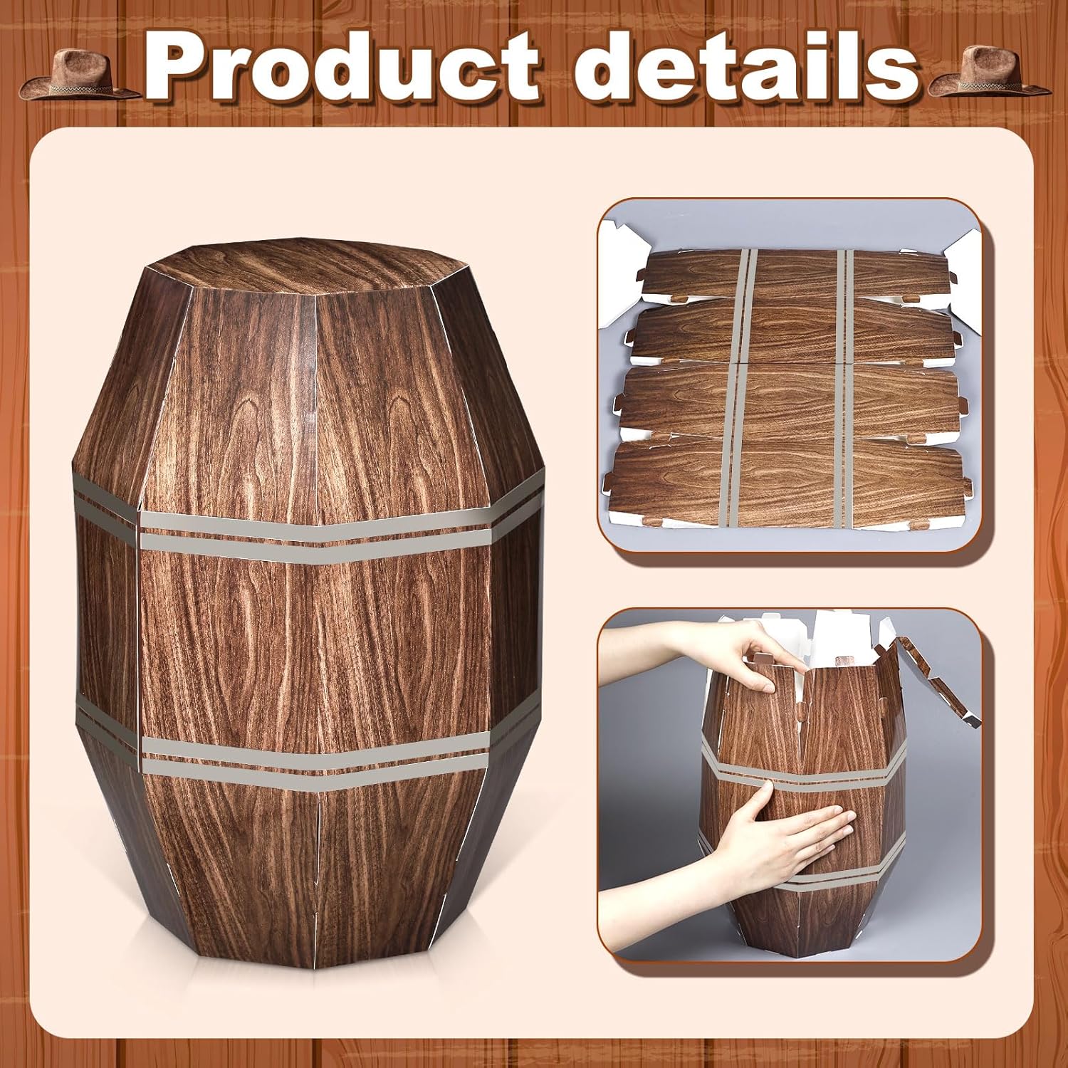 Bucherry 6 Set Western Cowboy Party Decorations 4 Pcs 11.8'' Wood Grain Boxes 2 Pcs 15.75'' Wine Barrel Boxes for Wild West Party Decor Western Photo Booth Props Vintage Rustic Farmhouse Pirate Decor