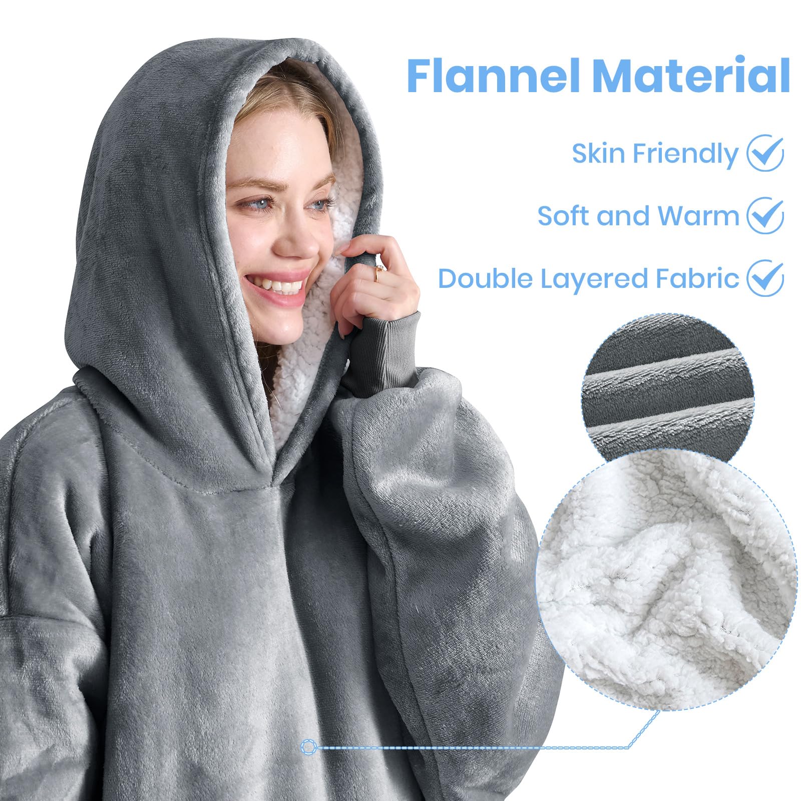 Good Nite Wearable Blanket Oversized Hoodie Blanket for Women & Men Sherpa Snuggle Blankets for Adults Fluffy Warm Hooded Throw with Pockets Grey (Grey - Image 2