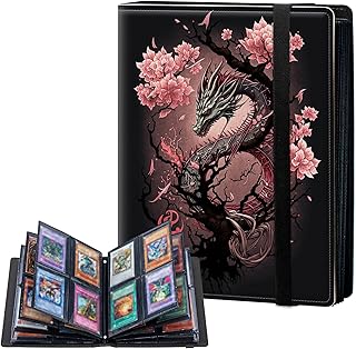 4-Pocket Card Binder 30 Pages Holds 240 Cards, Card Book Collector Album Folder for Yugioh, MTG, TCG, Cute PU Leather Trading Card Holder with Elastic Strap, Cherry Blossom Dragon