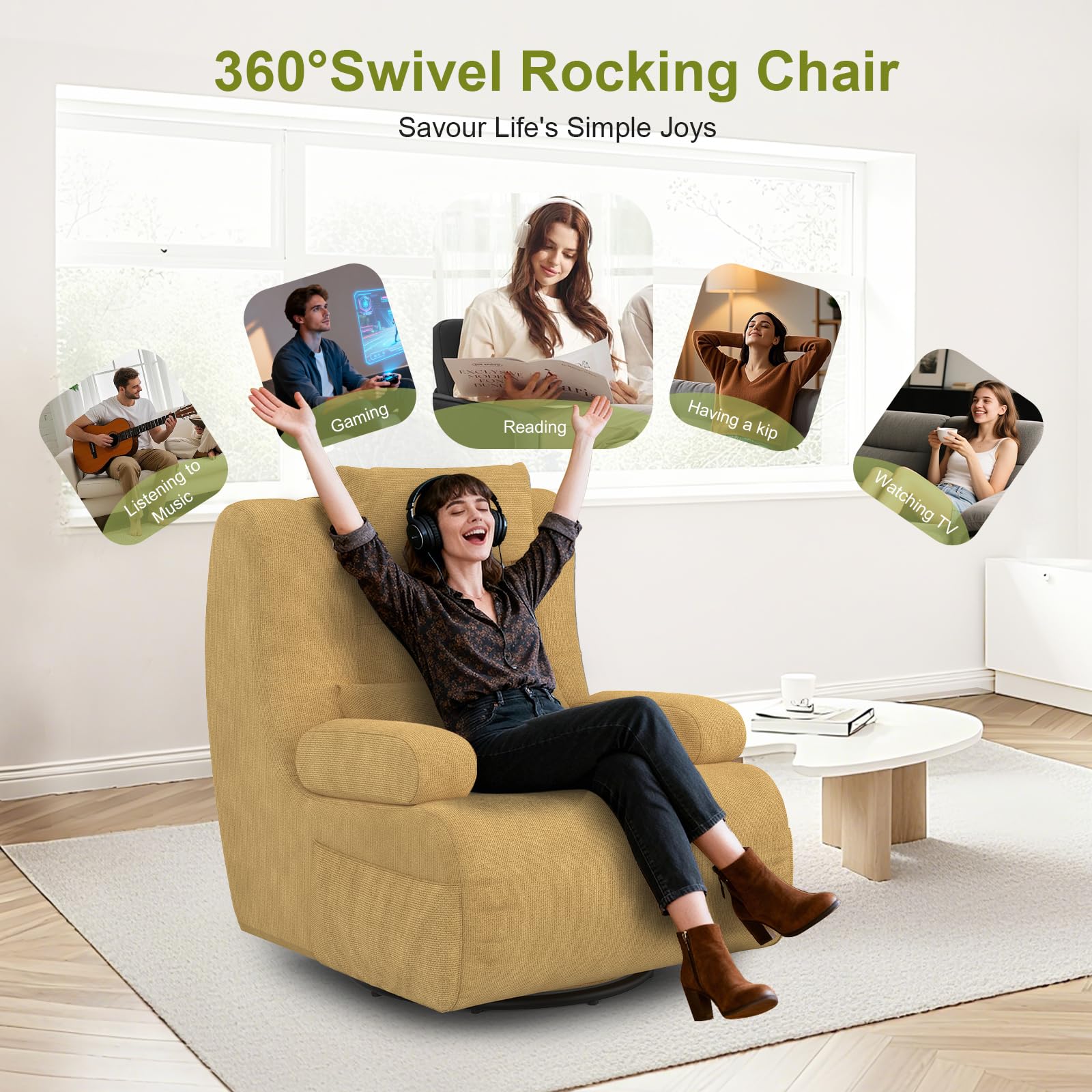 Relaxsessel,Fernsehsessel mit 2 zusätzlichen Kissen,2 Seitentaschen, 360°Drehbarer TV-Sessel für Wohnzimmer, Schlafzimmer, Heimkino, gepolsterter Hochlehner-Sessel, Moderner Lesesessel , Drehsessel