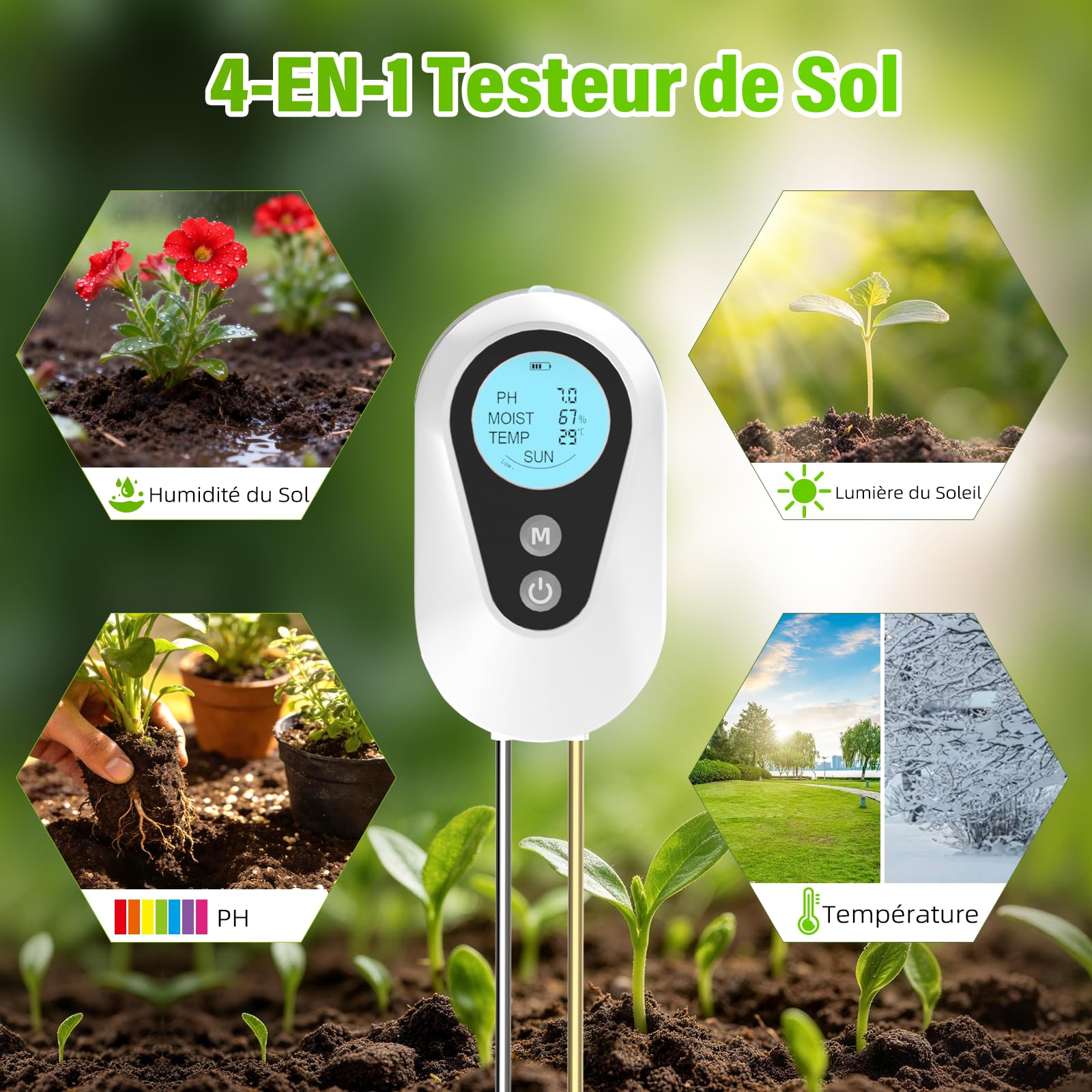 BURMONG Testeur Humidité Plante, 4 en 1 Hygrometre Plante avec Humidité/pH/Température/Lumière Solaire, Testeur pH Sol pour Jardinage, Agriculture et Plantes d'Extérieur