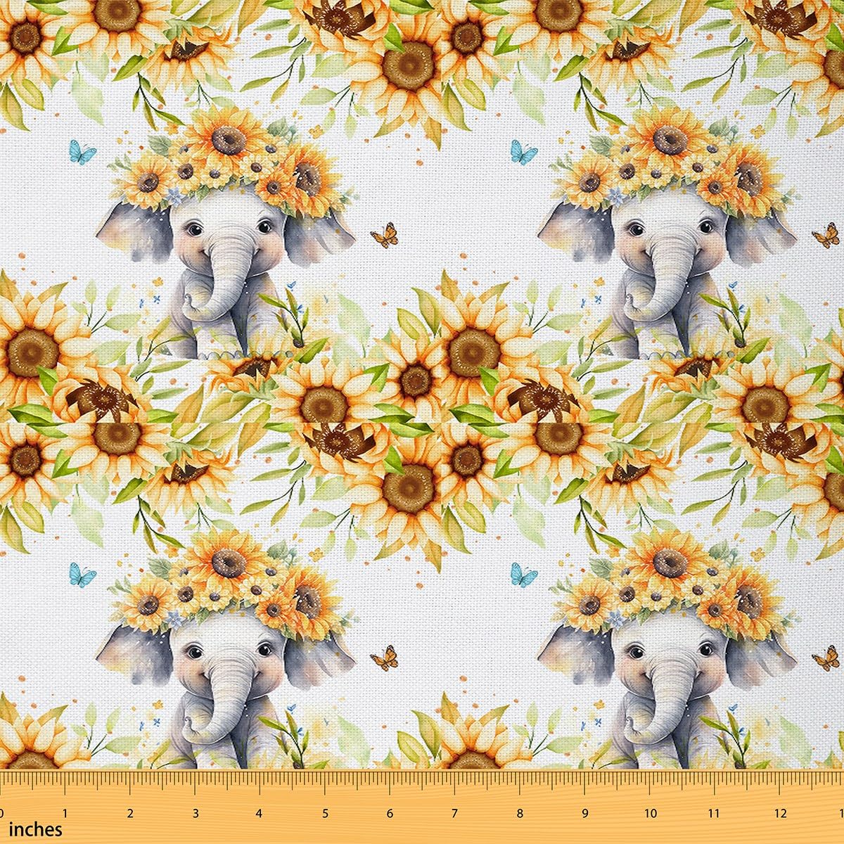Feelyou Cute Elephant Fabric by The Yard 1 Yard Cartoon Animal Decorative Waterproof Outdoor Fabric Sunflower Upholstery Fabric for Chairs Farm Flower