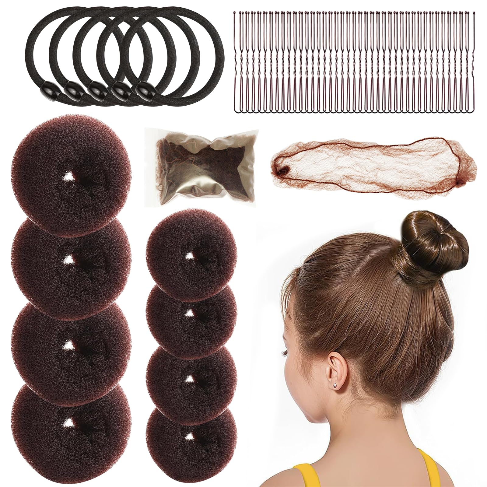 EDLMKM 73Pcs Hair Bun Net Set for Women with 40 U Shaped Pins, 20 Invisible Ballet Hair Nets, 8 Hair Doughnut