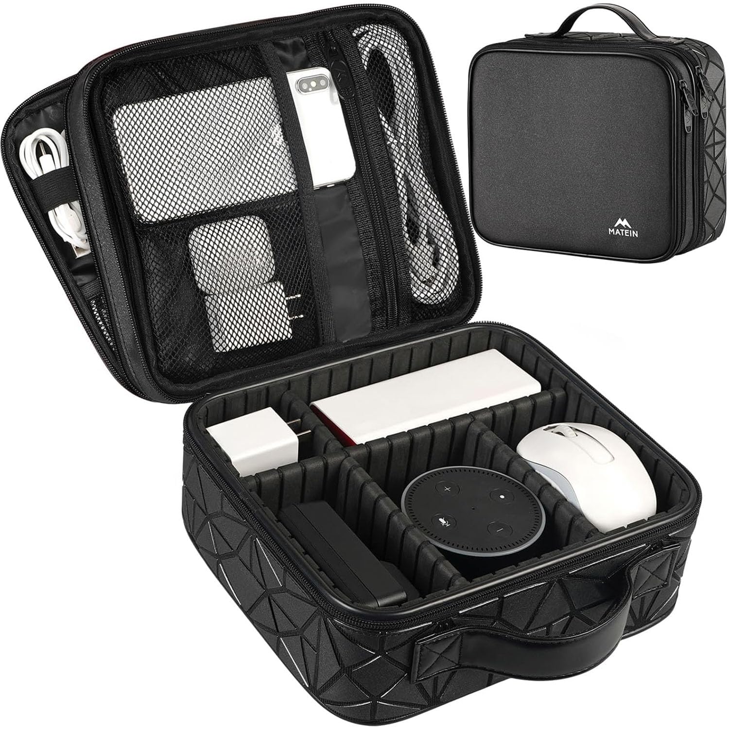 MATEIN Organizador Cables Viaje con Separadores Ajustables, Bolsa para Cables y Accesorios Electrónicos, Estuche Doble Capa Portátil Antigolpes Impermeable para Cargadores y Equipos de Música, Negro