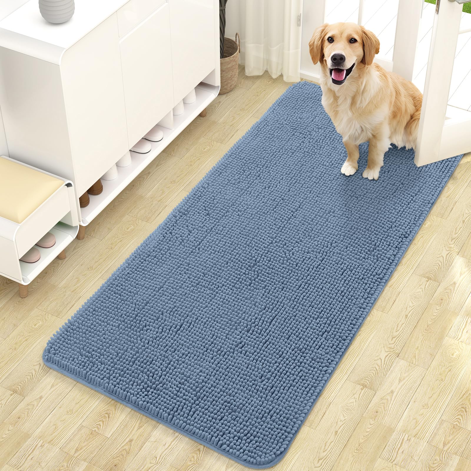 Photo 1 of OLANLY Dog Door Mat for Muddy Paws 47x24, Absorbs Moisture and Dirt, Absorbent Non-Slip Washable Doormat, Quick Dry Chenille Mud Mat for Dogs, Entry Indoor Entryway Carpet for Inside Floor, Airy Blue