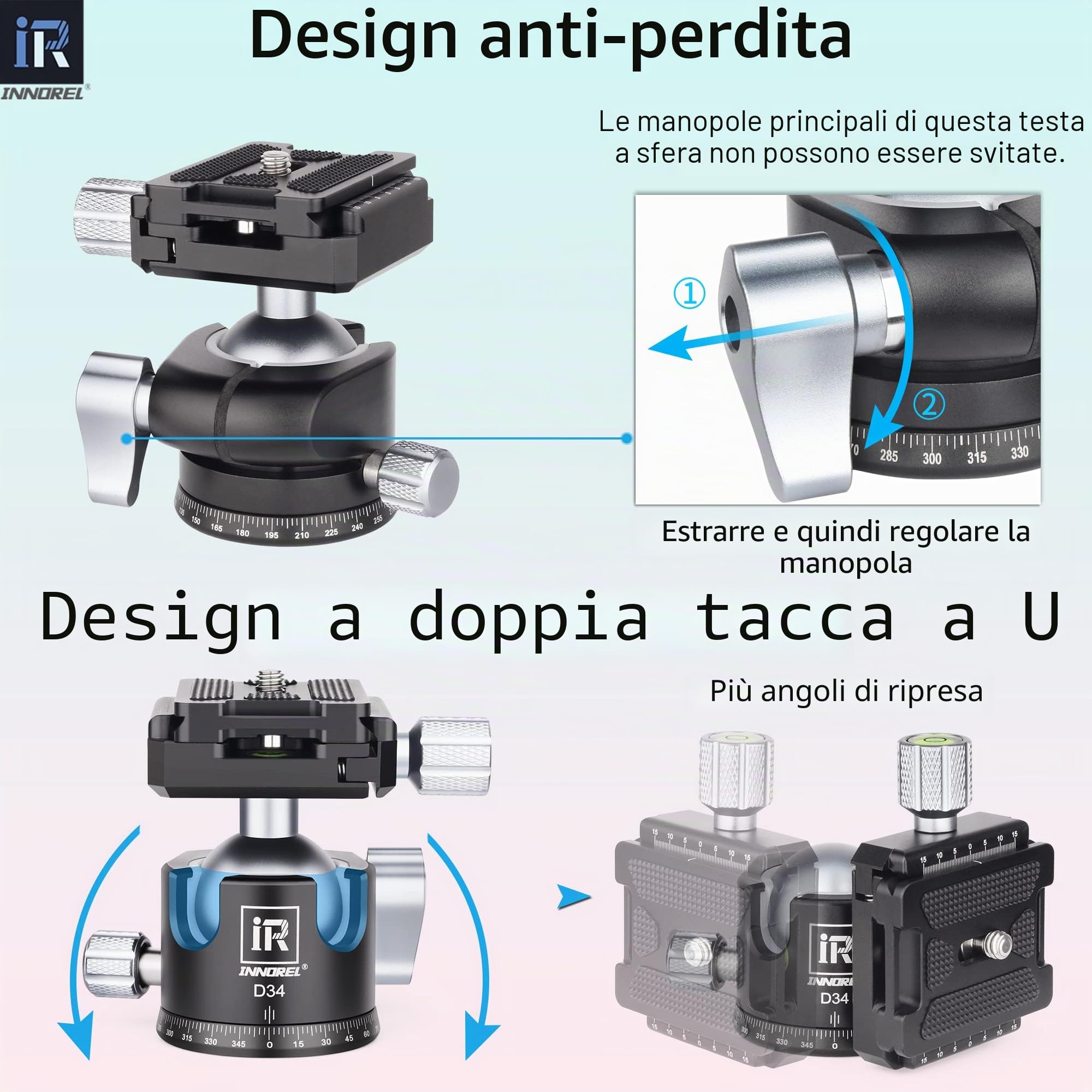 Testa a sfera per treppiede-INNOREL D34 Testa professionale per fotocamera panoramica a 360° per fotocamere DSLR, videocamere, DV con piastra a sgancio rapido da 1/4" Arca Swiss Carico 15 kg