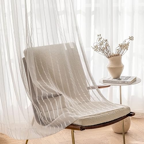 2 paneles de cortinas traslúcidas blancas de 54 pulgadas de largo, cortinas traslúcidas de gasa a rayas para ventana, cortinas plisadas