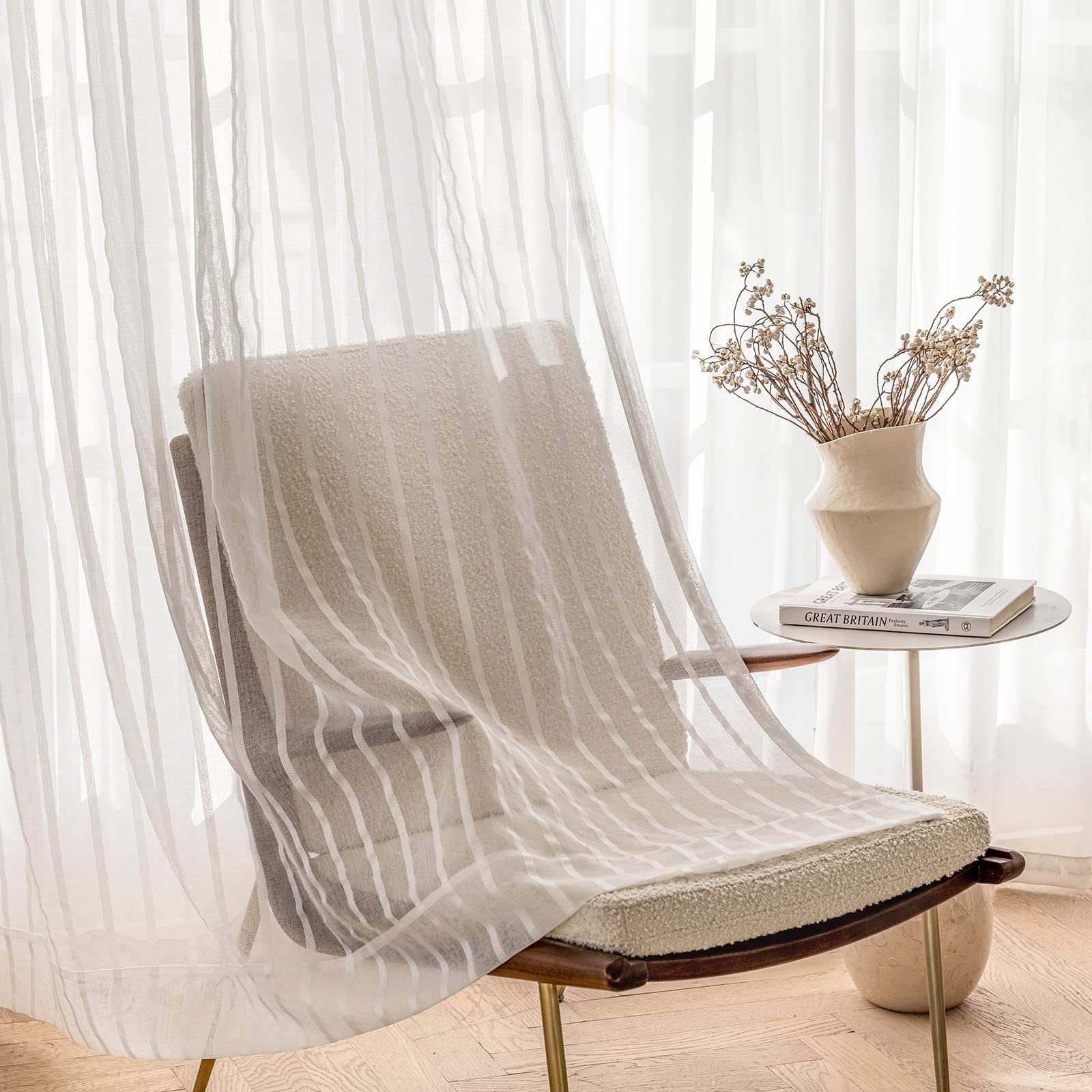 Amazon｜レースカーテン ストライプホワイト幅100cm×丈78cm2枚組 麻の