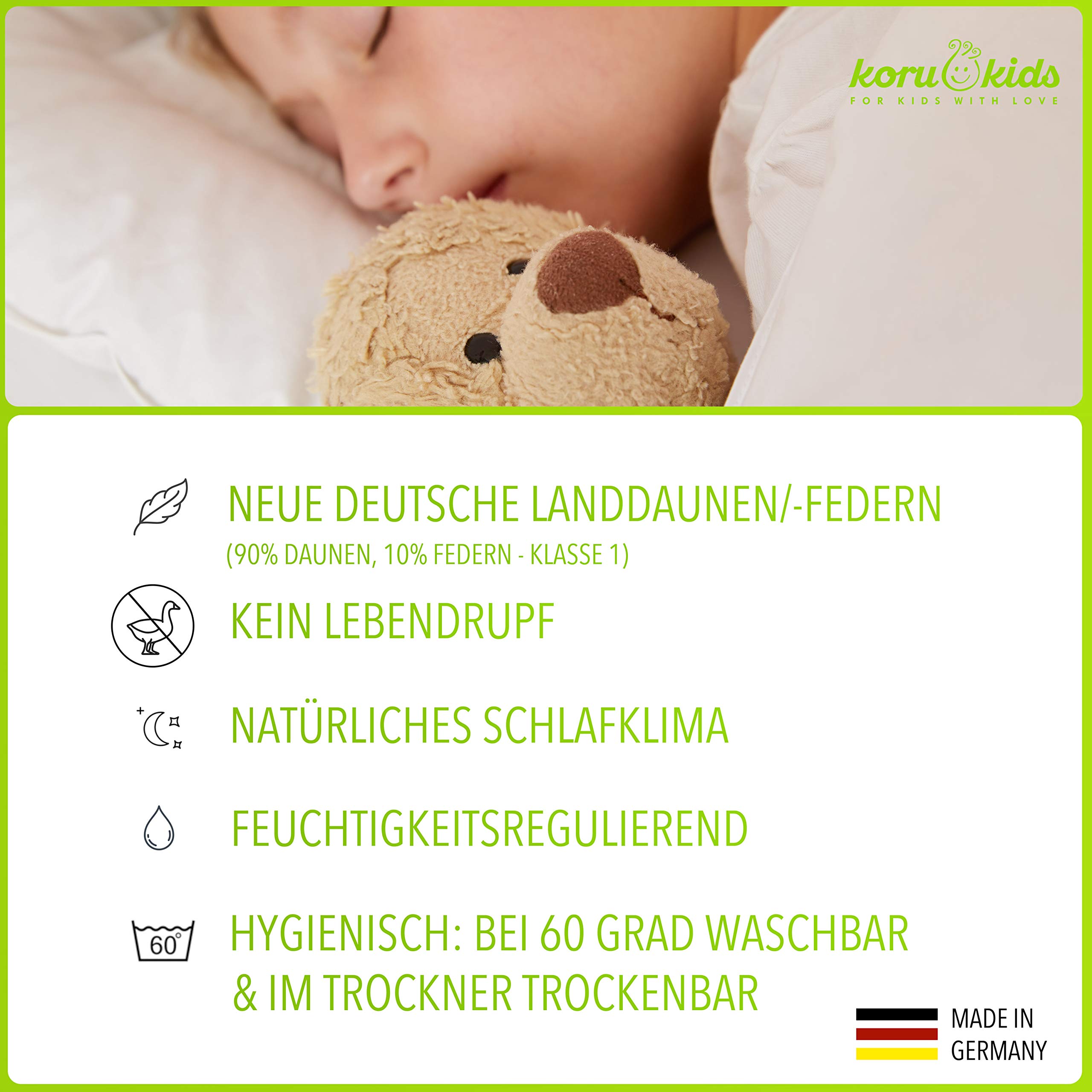 Koru Kids® Baby-Oberbett - 80 x 80 cm - Baby Daunendecke - allergikergeeignet - Füllmenge 150g