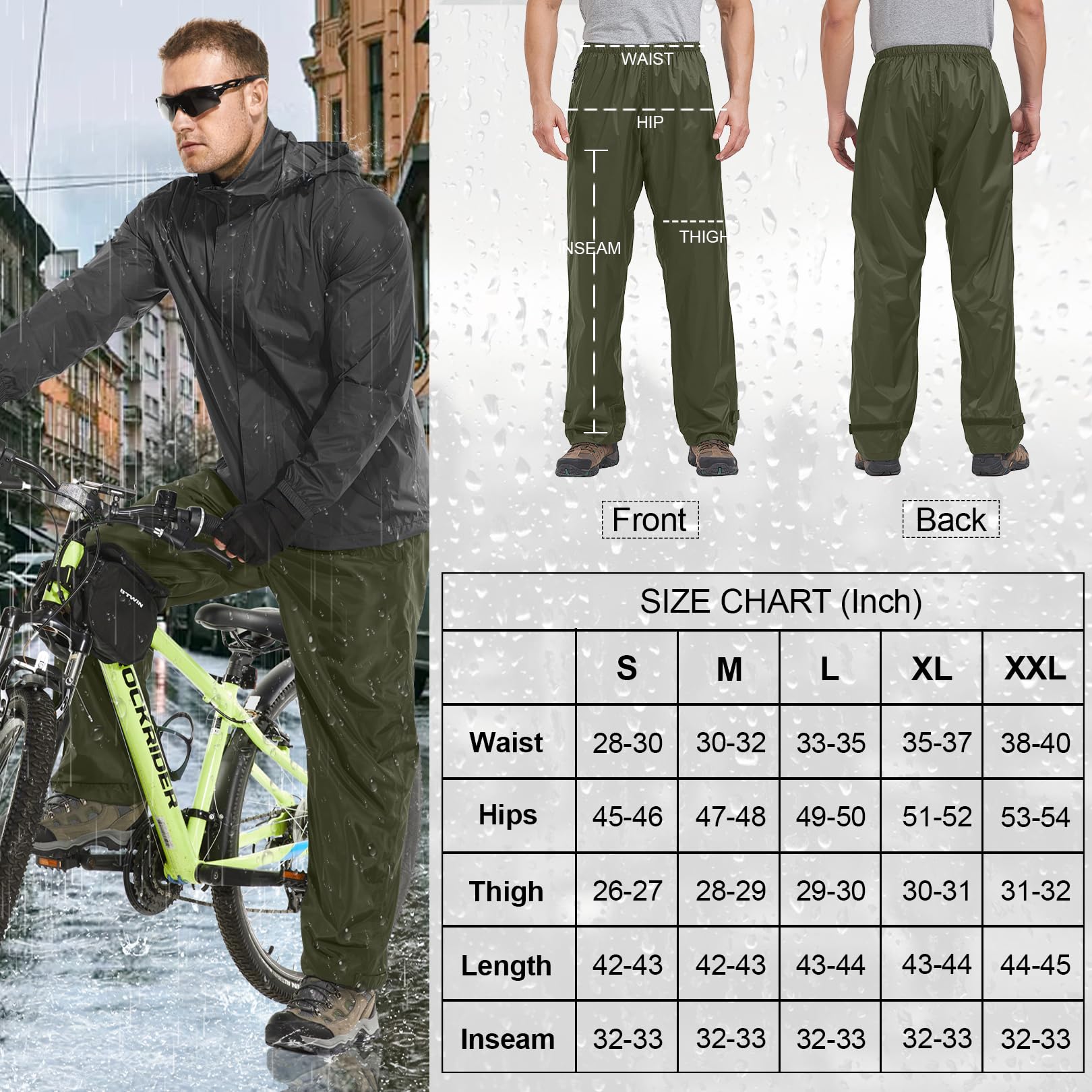Pantaloni da pioggia da uomo, leggeri e impermeabili, antivento, per escursioni, campeggio, trekking, moto