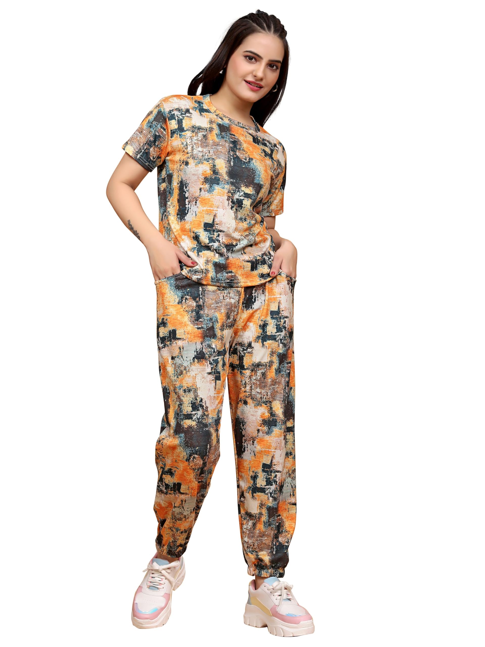 bhulax Women's Printed Polyester Lycra NightSuit Set, Stretchable Night Suit and Gym Outfit with Side Pockets-picture-12