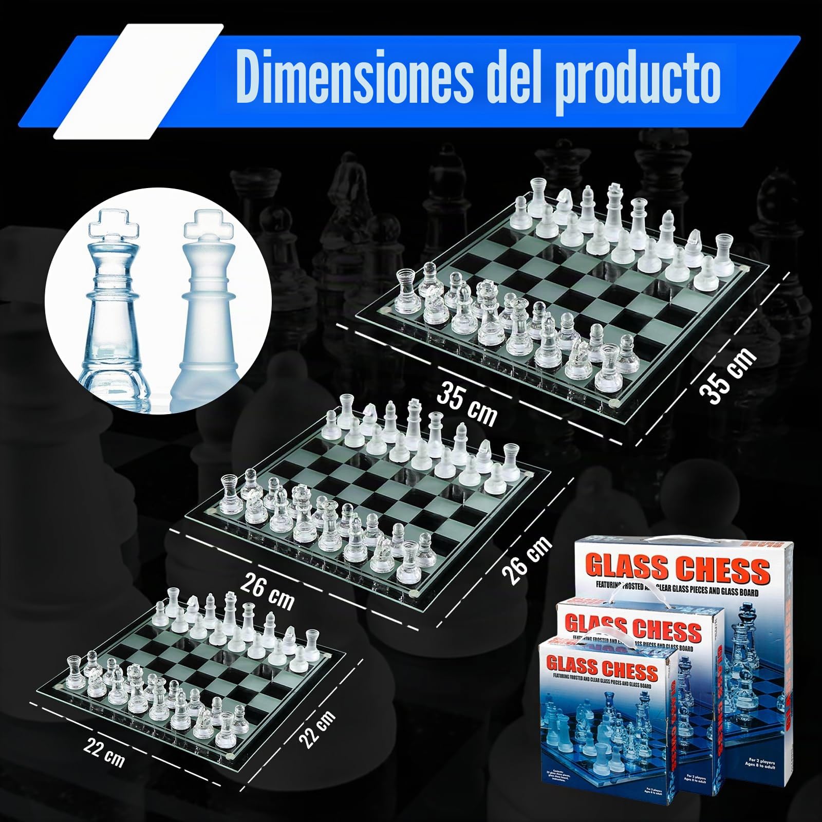 VR7 Juego de Ajedrez de Cristal con Parte Inferior Acolchada, Juego de Ajedrez de Vidrio Esmerilado y Transparente para Adultos, Juego de Mesa de Lujo para 2 Jugadores