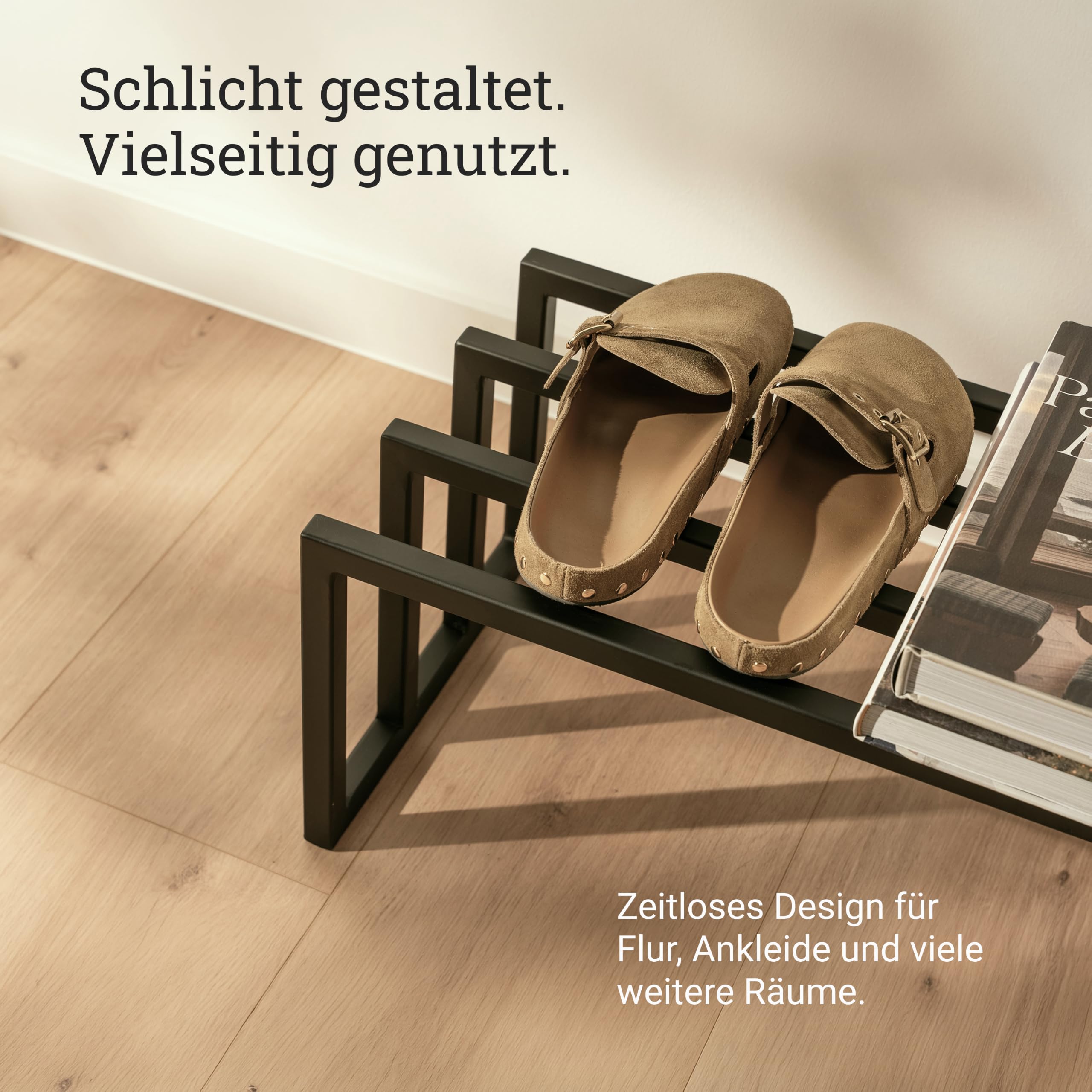 Natural Goods Berlin 1x Schuhablage RECHTECK - Offenes Schuhregal Metall Schwarz - 80 x 25 x 30 cm - Schwarzes Schuhregal Outdoor Wetterfest - Schuhaufbewahrung Platzsparend - Shoe Rack, Shoe Storage