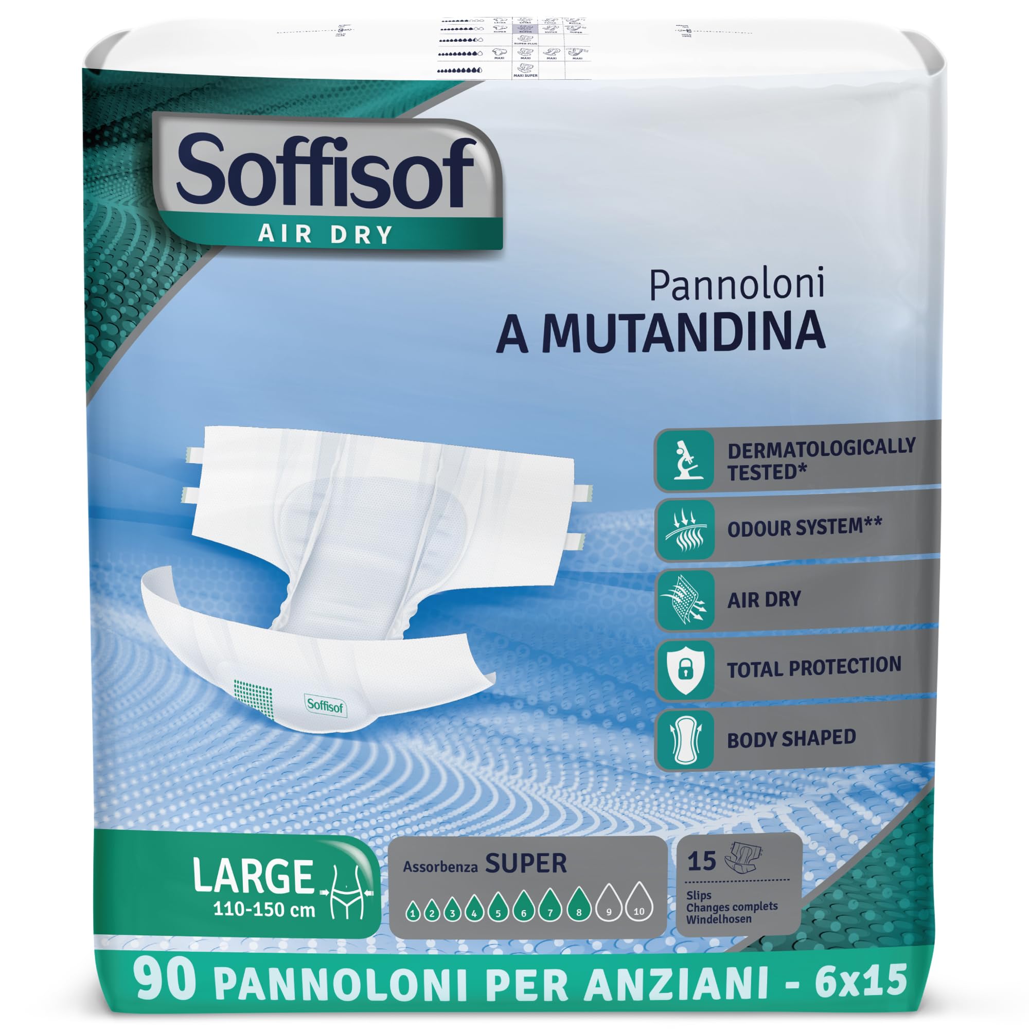 Soffisof Air Dry Pannoloni con Adesivi Super L - 90x Pannoloni per Anziani a Mutandina - 6 Confezioni da 15 Pezzi, Assorbenza fino a 8 Gocce - Ausili Incontinenza Uomo e Donna