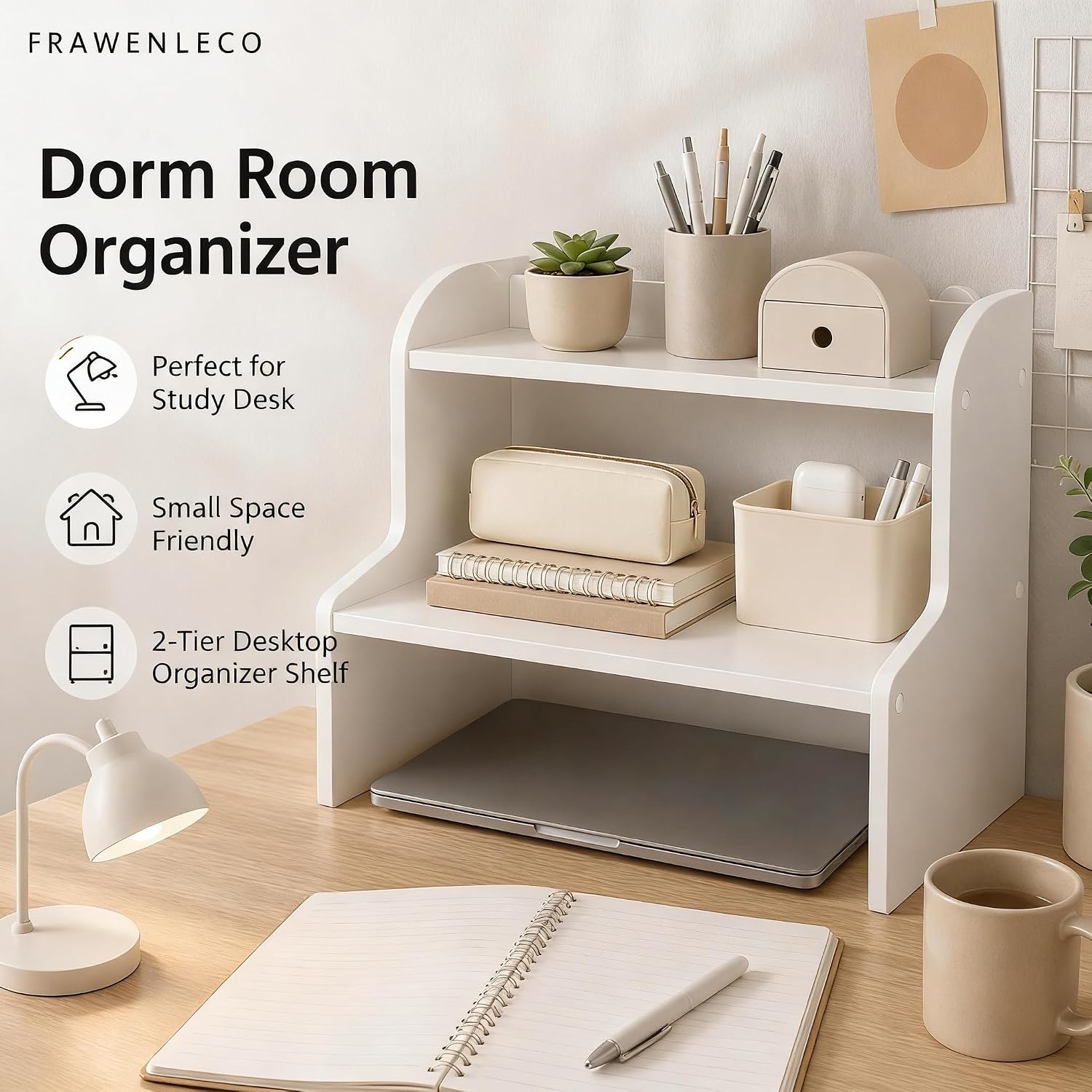 2 Tier Desktop Organizer Shelf, White PVC Desk Shelf Organizer for Office, Dorm Room, Bedroom, Study Table, Small Bookshelf Storage Rack for Books, Stationery, Laptop and Accessories