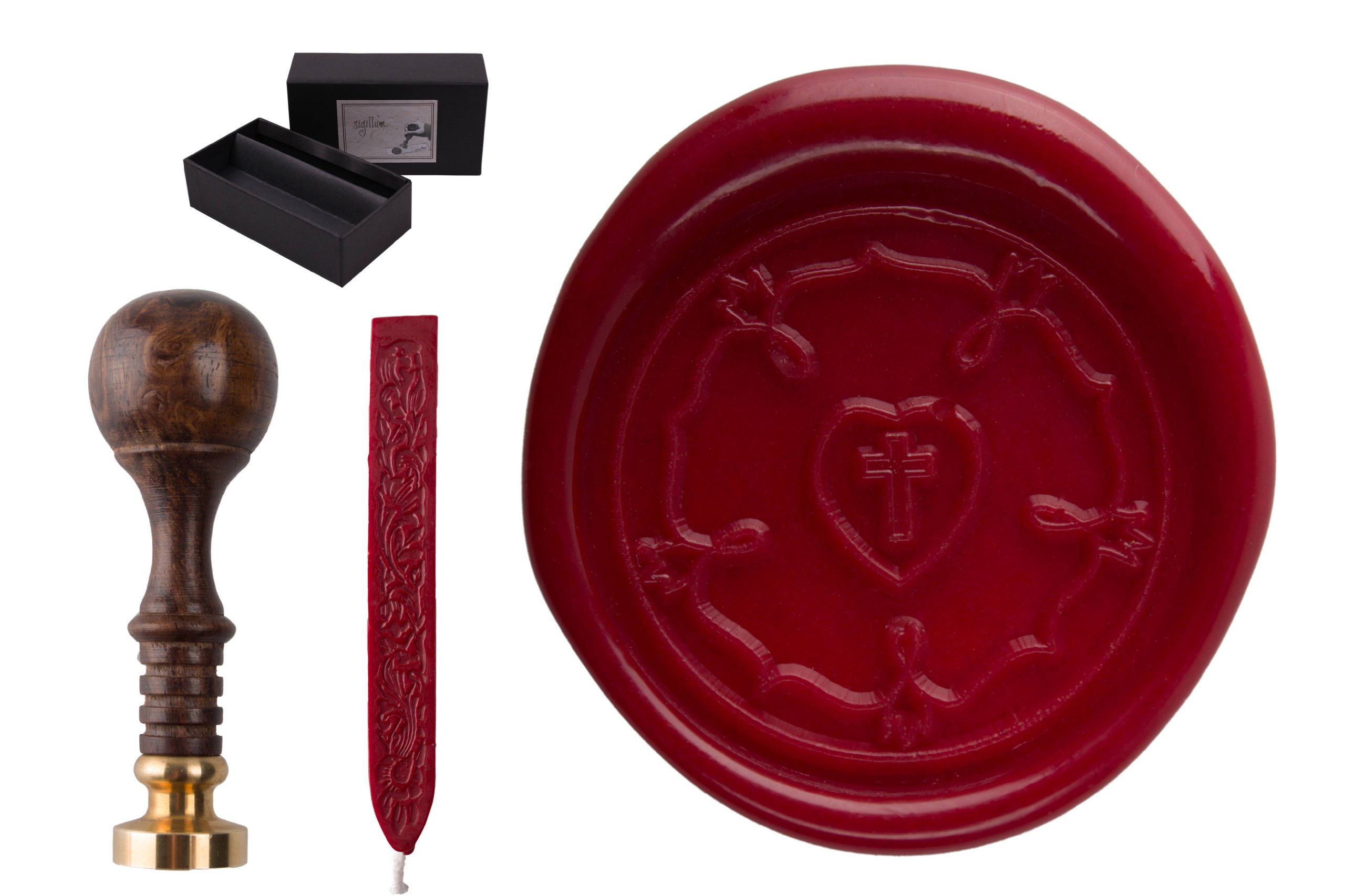 Siegelstempel Set "Sigillum" Lutherrose + 1 Stange Siegelwachs im Geschenkkarton