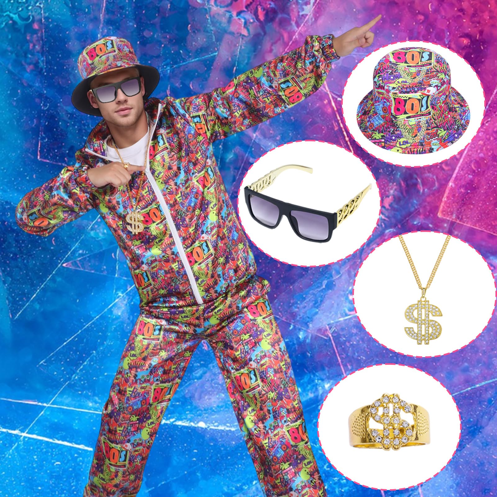 Déguisement Année 80 90 Homme Femme Survêtement Ensemble Costumes Rétro Adulte Disco Veste Tenue Accessoires Chapeau Lunettes Fête Carnaval Halloween Sport Jogging (Rouge-80, S)