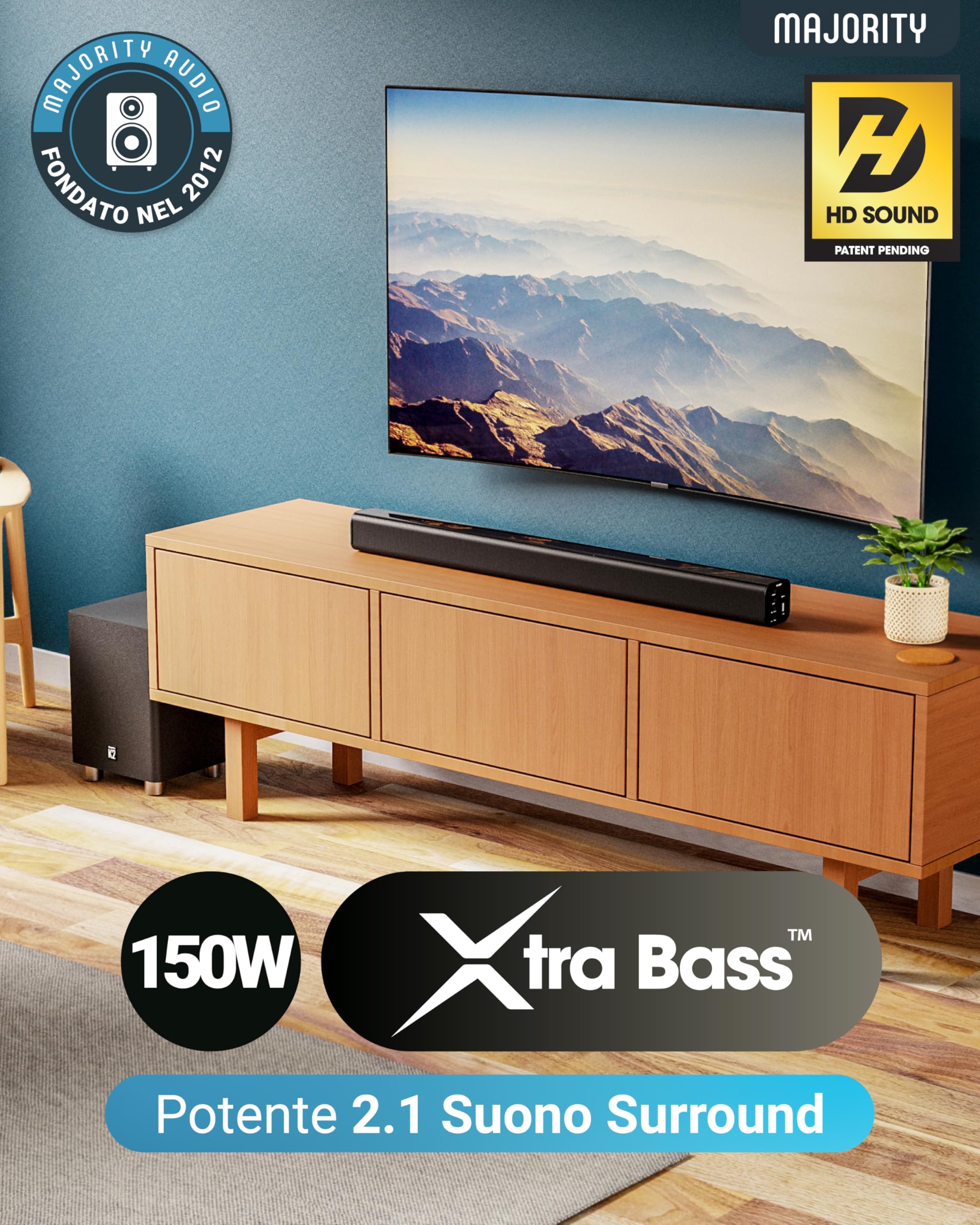 Majority 150W Barra Soundbar | 2.1 Home Theater Wireless | Sound Bar per TV con Suono 3D | Casse TV con Arco HDMI, Bluetooth, RCA e Connessione Ottica | Riproduzione USB e AUX K2 (Nero)