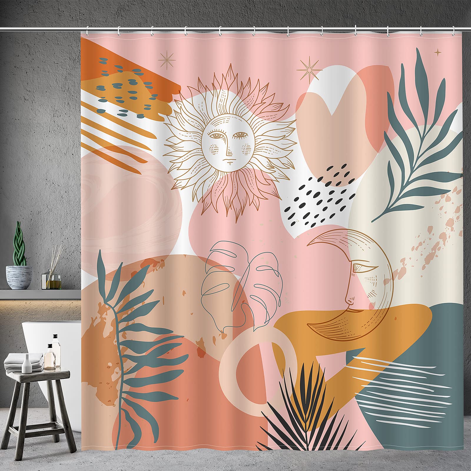 Aimego Extra Long Shower Curtain - Boho Modern Pink Abstract Minimalist Mid Century Modern Sun Moon Plant Leaves Bohemian Fabric Cloth Shower Curtain