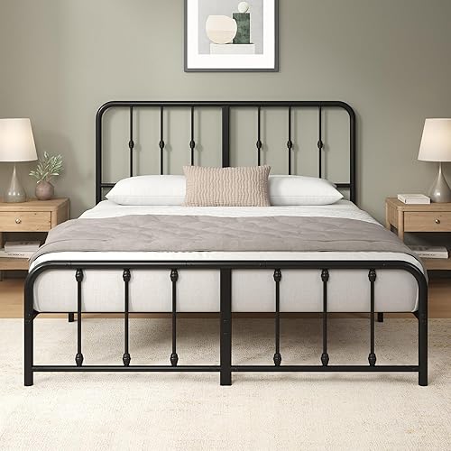 Zinus Leonardo Metal Platform Bed Frame, Victorian Spindle Style Headboard and Footboard, Heavy Duty Bed Base, Ample Underbed Space, Queen