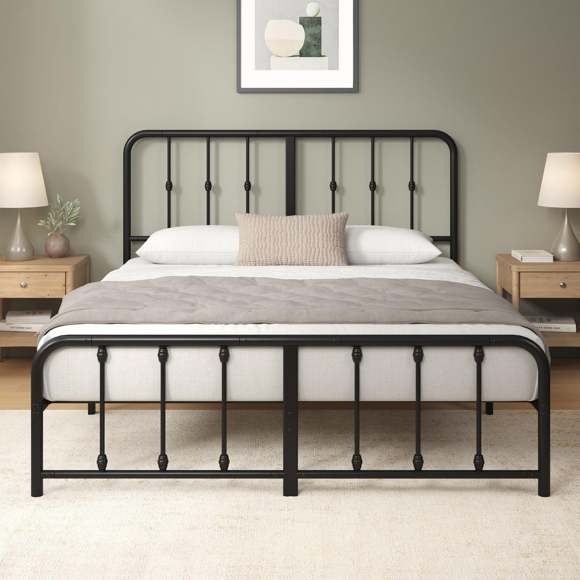 zinus leonardo metal platform bed frame, victorian spindle style headboard and footboard, heavy duty bed base, ample underbed space, full