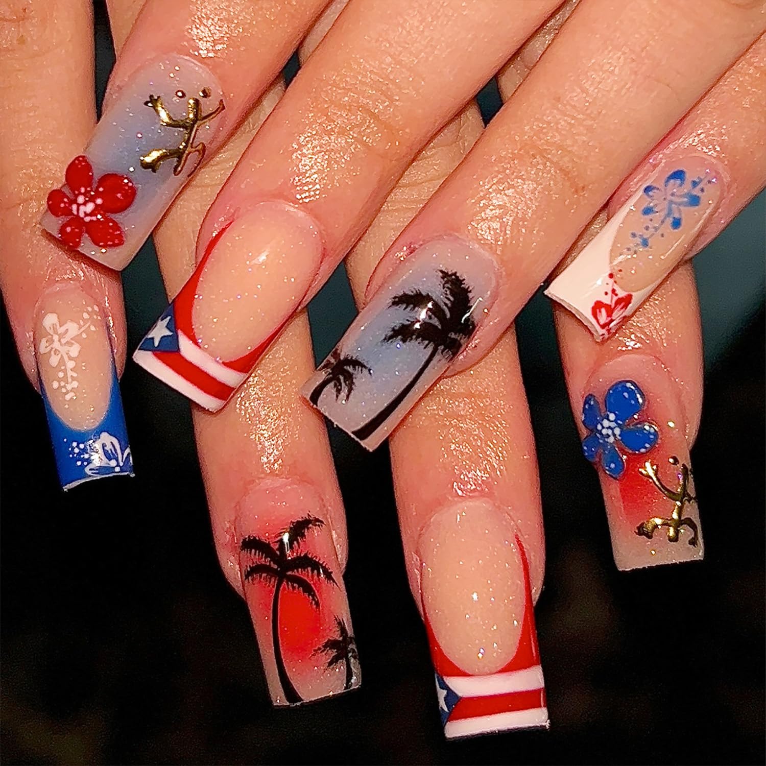 24Pcs 4th of July Press on Nails Medium Square French Tip Fake Nails with Flower Setting Sun American Flag Design Glossy False Nails Full Cover