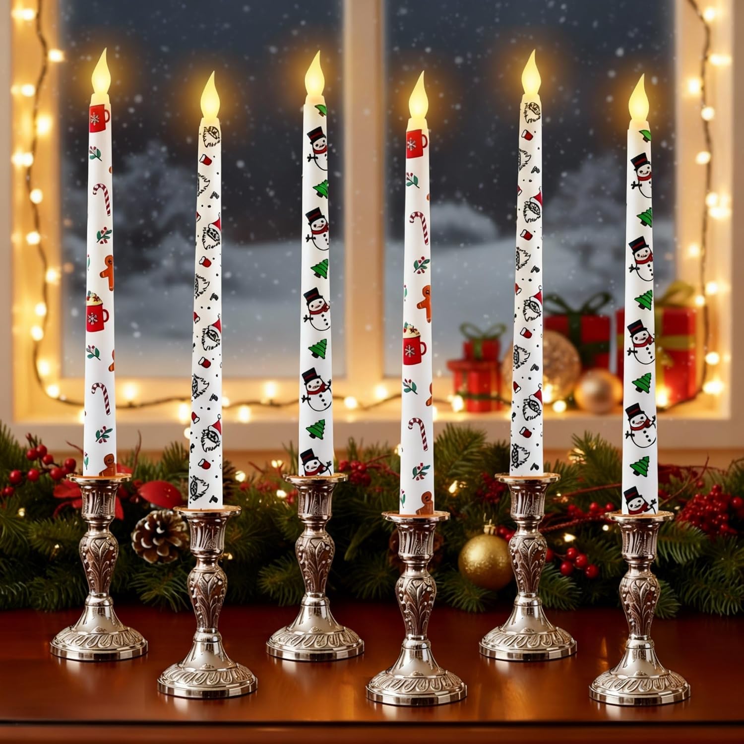 6 Pcs Christmas Flameless Taper Candles 11 Inch Long Snowman Santa Gingerbread Man Battery Operated LED Candles Table Centerpiece for Xmas Winter Holiday Party Decor