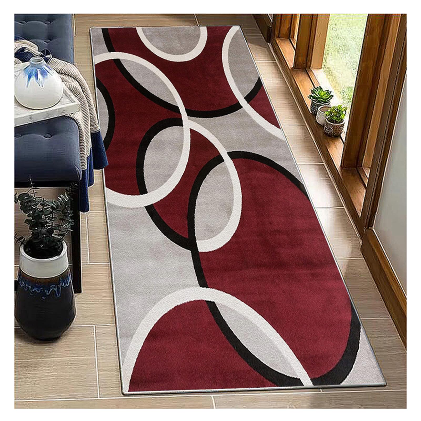 Tappeto Runner Ingresso Antiscivolo Lavabile, Bordeaux e Grigio, Tappeto Passatoia Cucina Moderno, Pelo Corto,2.5 metri Personalizzabile, per Soggiorno, Camera da Letto, Corridoio,60x250cm
