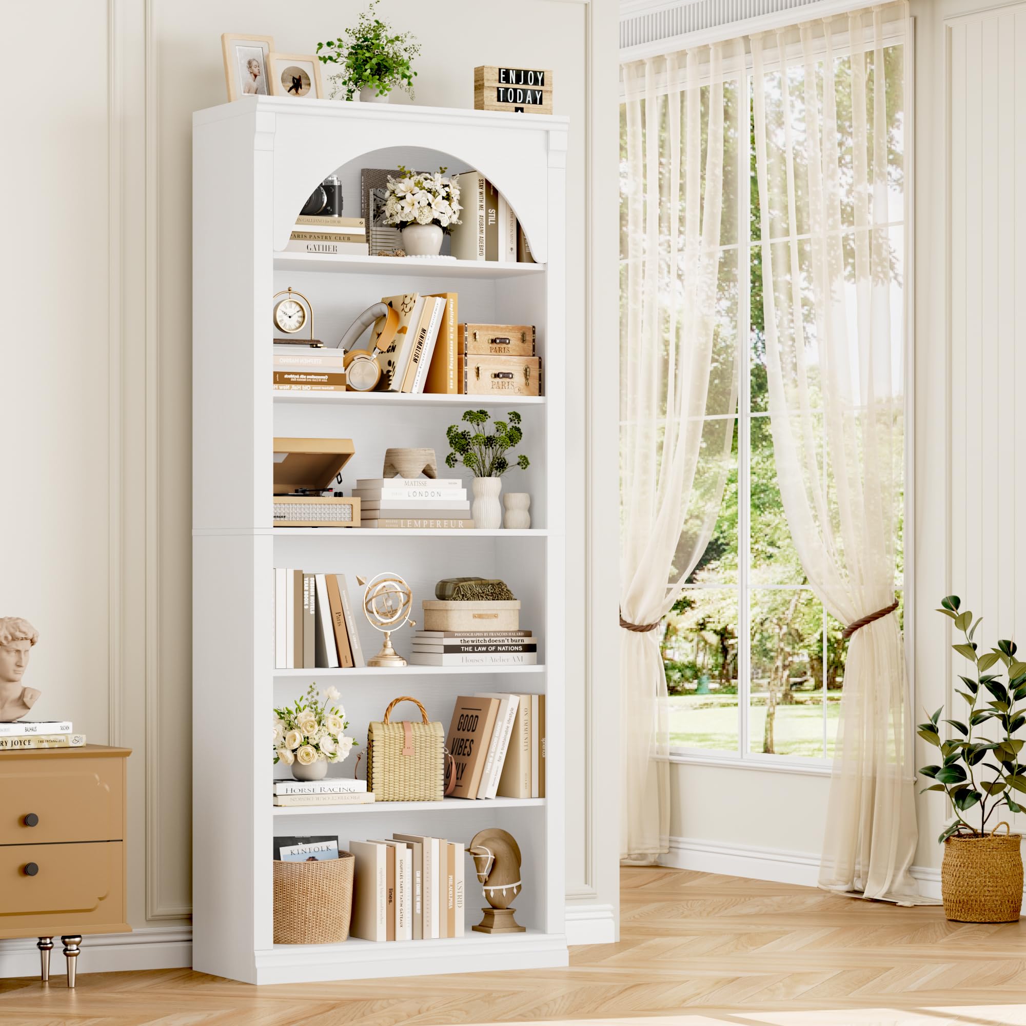 FirFurd Estanteria Libros Libreria Estanteria Arqueada, Librería, 6 Niveles | Librerías de Salón, Diseño Arqueado, Mueble de Almacenaje para Salón, Dormitorio y Estudio 75x28x186cm Blanco