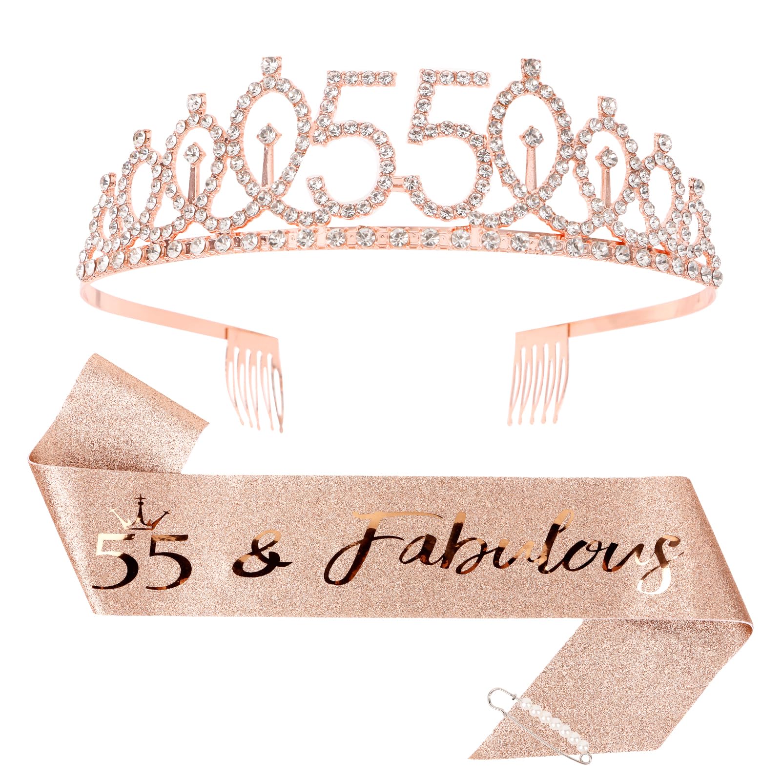 CIEHER 55th Birthday Crown & Sash Set - Pearl Pin Tiara, Fabulous 55th Birthday Decorations for Women