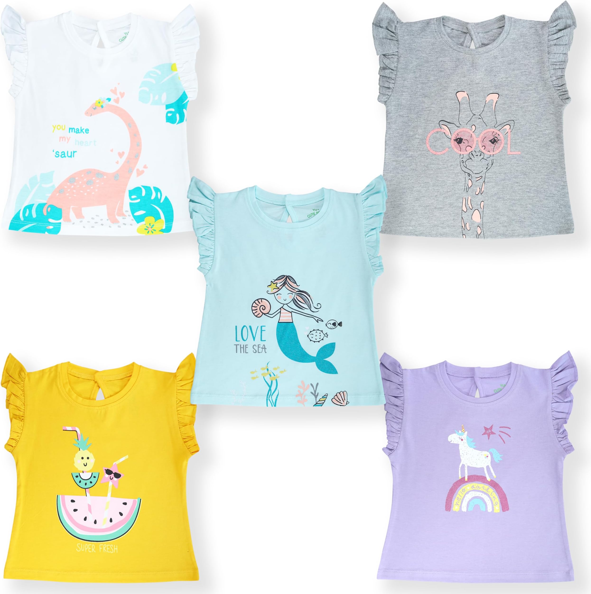 100% Cotton Infant Baby Girls Printed Tshirts, Pack of 5
