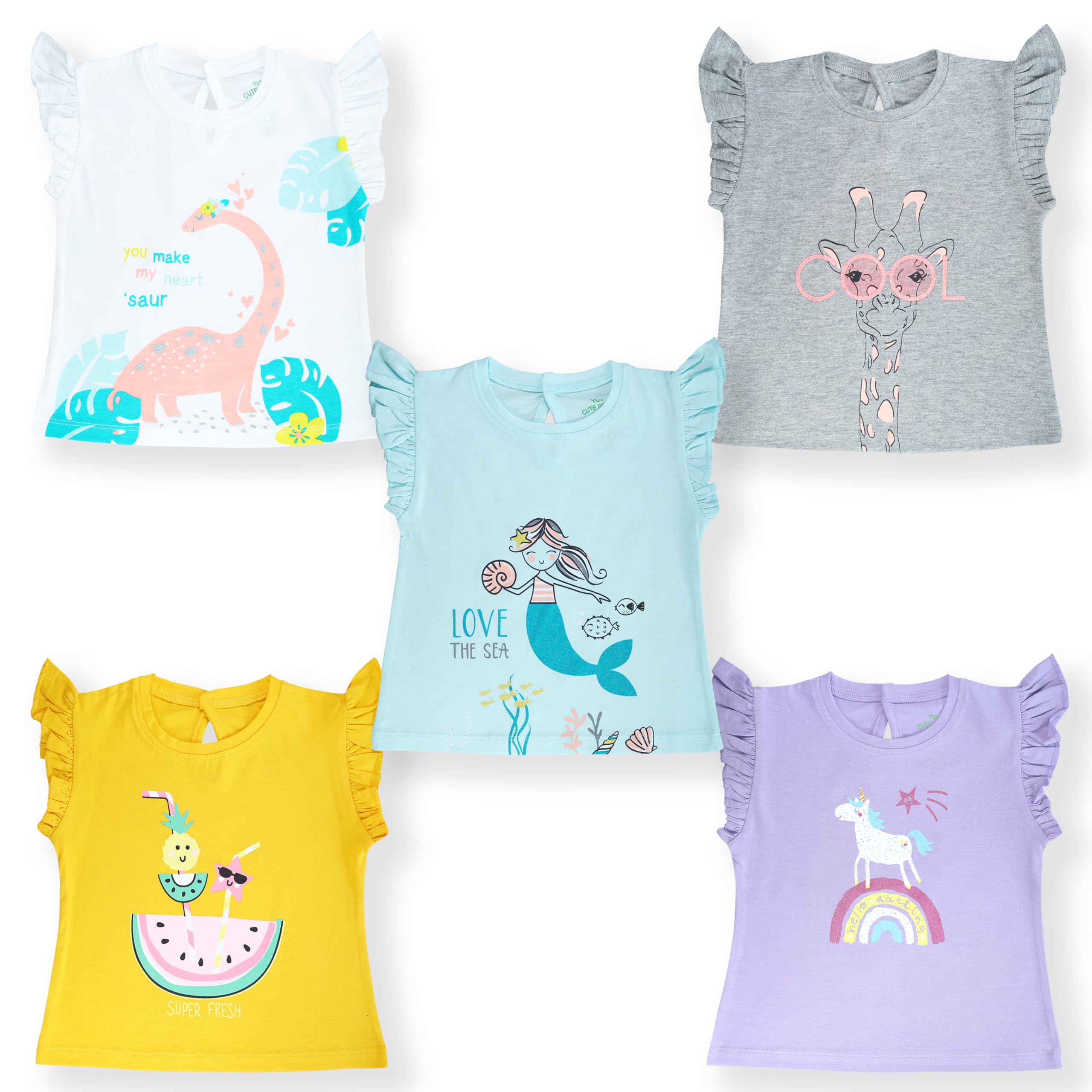 YUV Baby Girls' 100% Cotton Printed T-Shirt (Pack of 5)