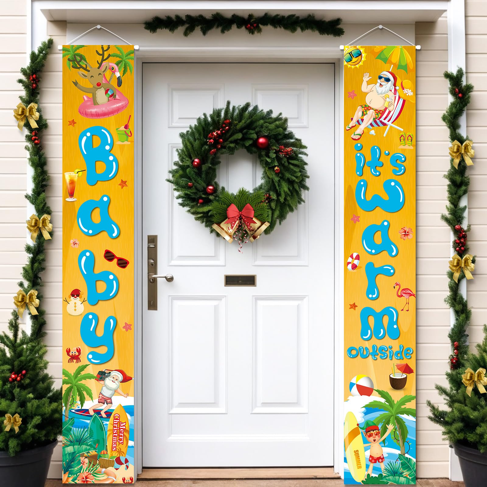 Summer Christmas Decorations Porch Banner Baby It’s Warm Outside Porch Sign July Christmas Door Hanging Banner with Beach Snowman Santa for Hawaiian
