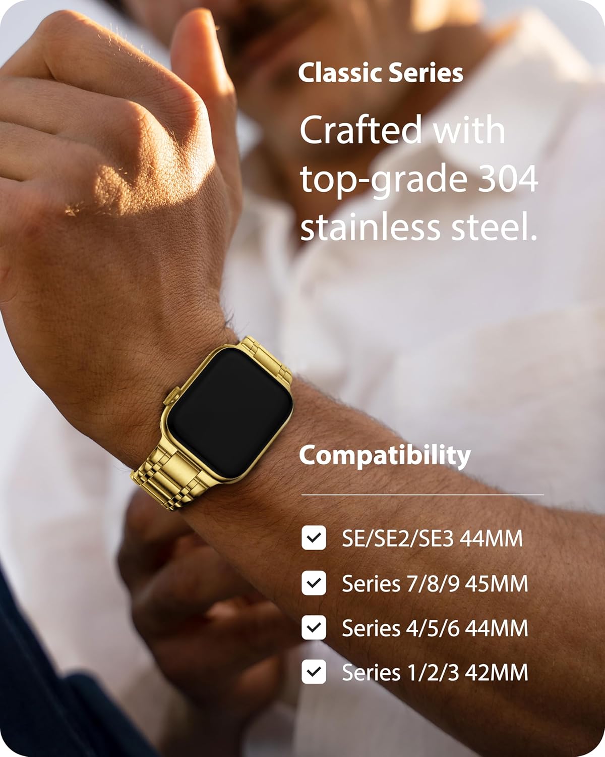 Fullmosa Bands Compatible with Apple Watch Band 45mm 44mm 42mm, Stainless Steel iWatch Band with Case for Apple Watch Series 9 8 7 6 5 4 3 2 1 SE3/2/1, Golden - Image 3