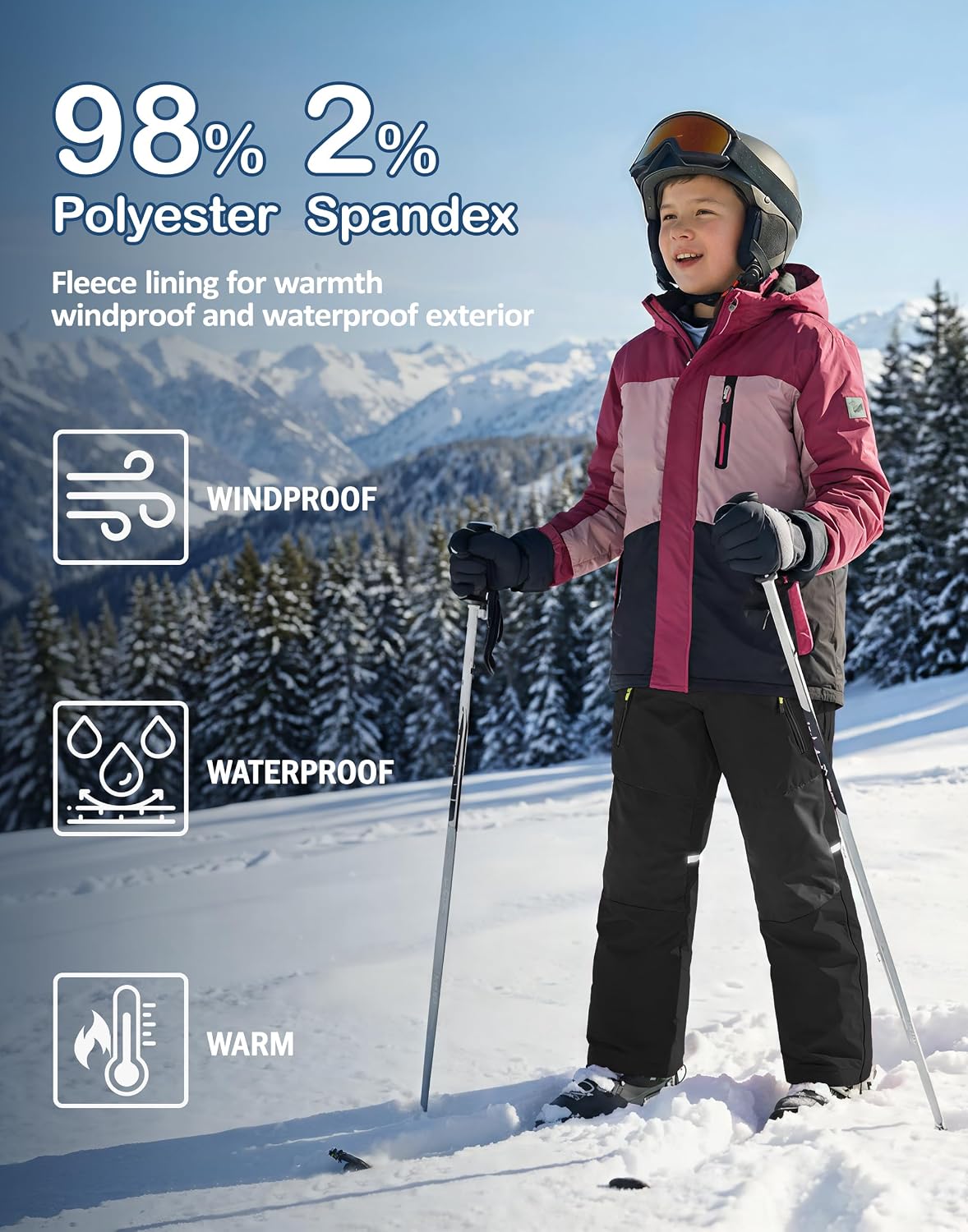 MIVEI Ski Pants Kids Boys, Teen Winter Snow Pants Waterproof Thermal Fleece Lined Outdoor with Zipper Pockets