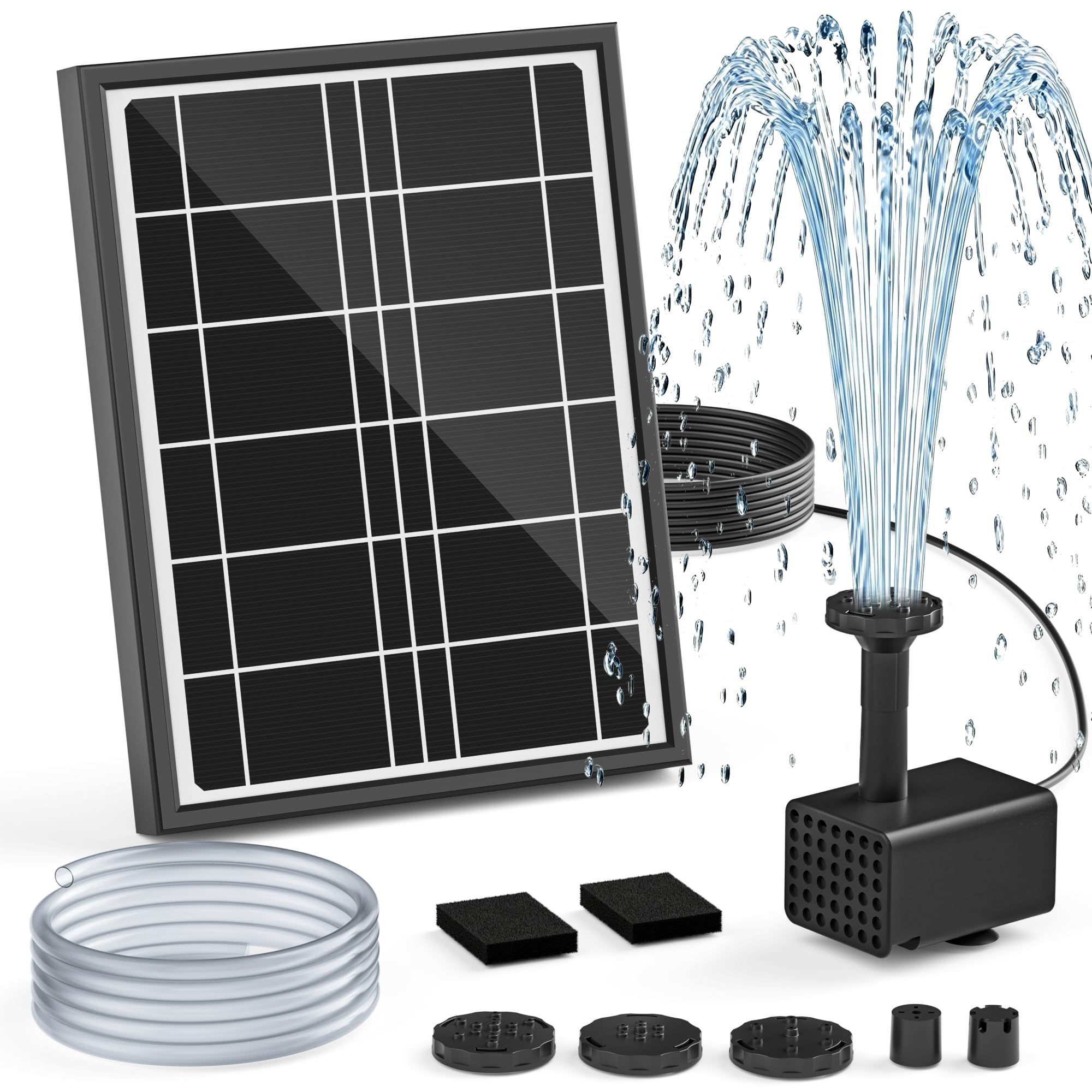 Solarbrunnenpumpe für Vogelfontäne, 4W Solarwasserpumpe mit 3m Netzkabel, verstellbarer Bodenständer, 5 Spritzmodi & 1,2m Schlauch, Trockenschutz und geräuscharm für Gartenteich, Fischbecken