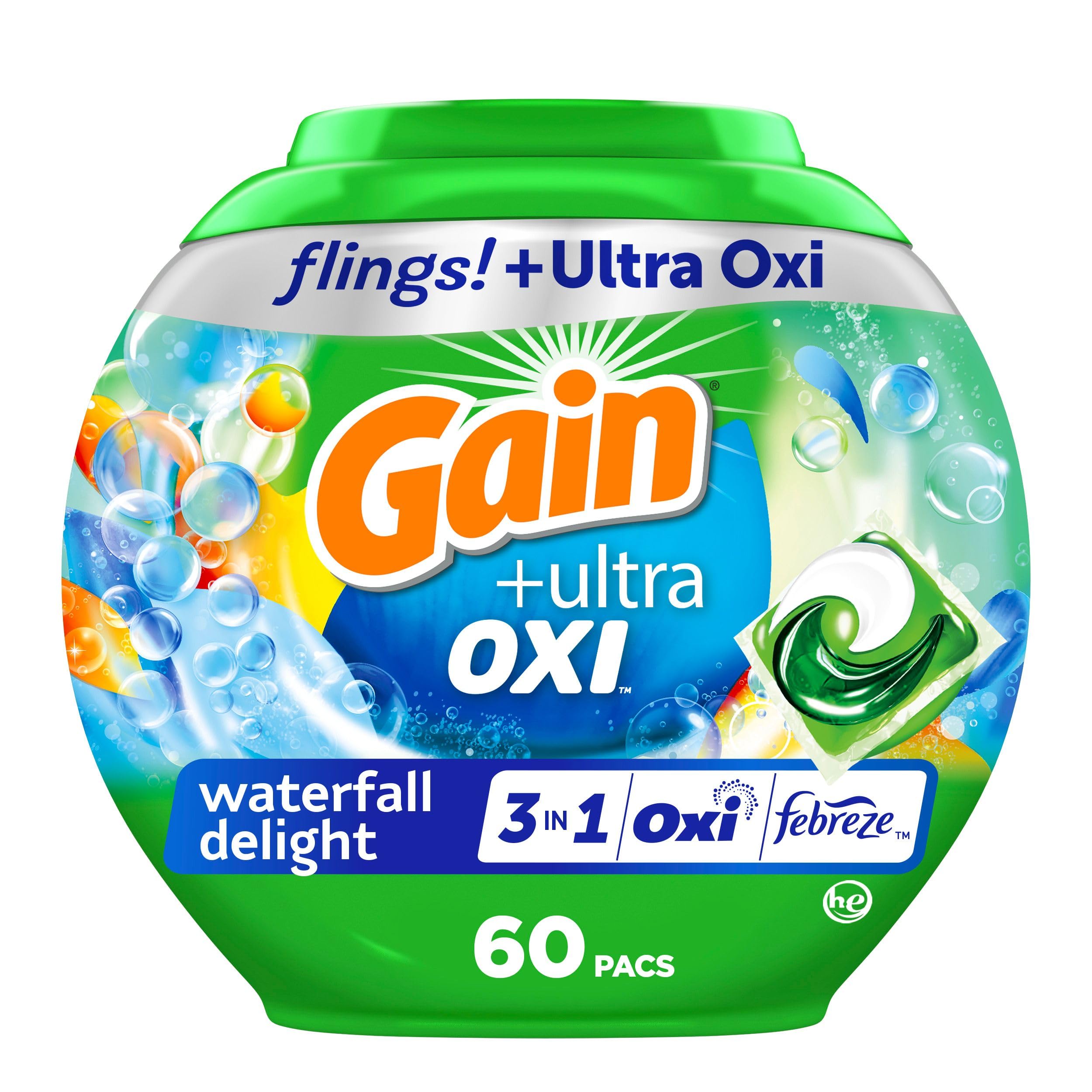 GainFlings Ultra Oxi Laundry Detergent Pacs, 60 Count, Waterfall Delight Scent, 3-in-1, HE Compatible