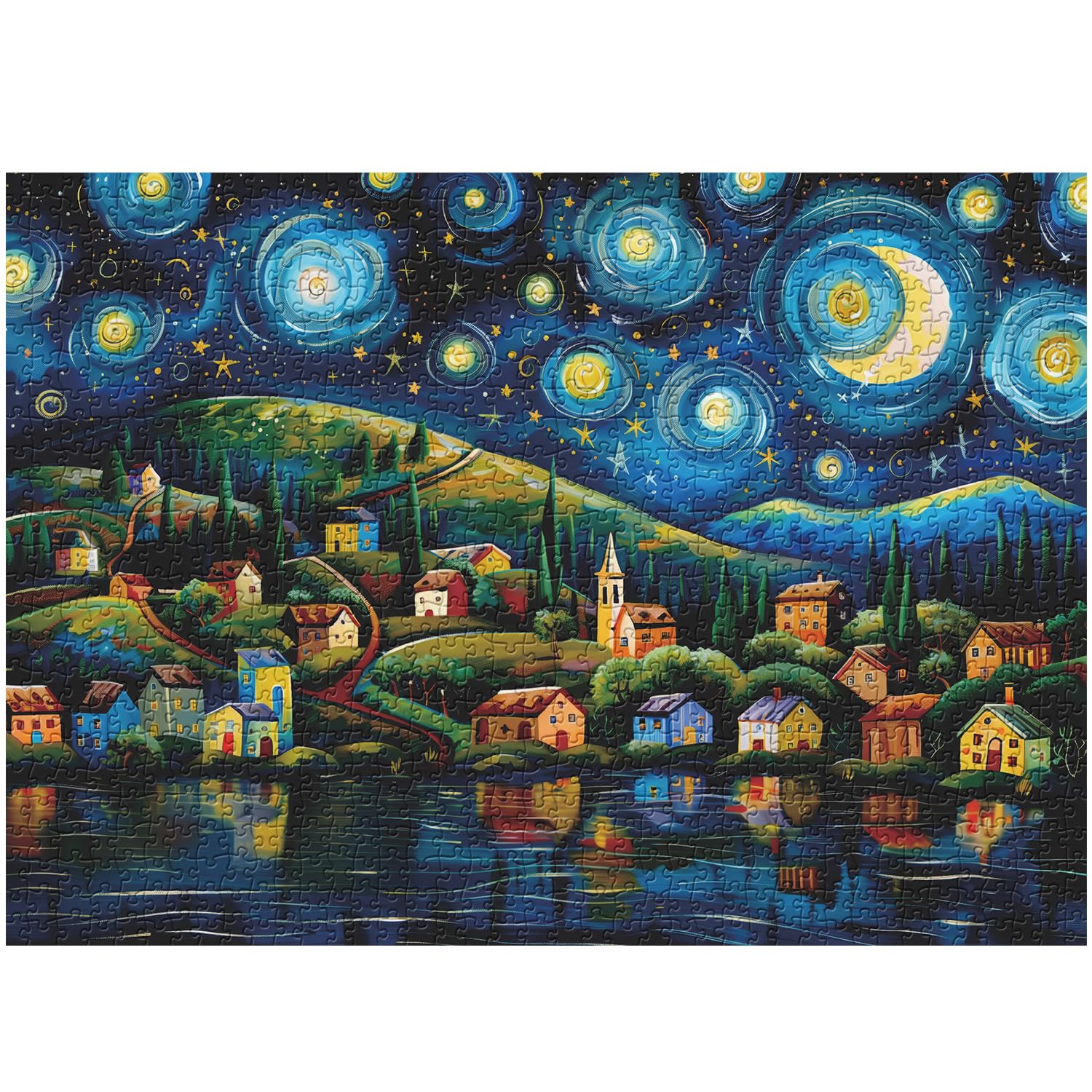 Starry Night Puzzle for Adults 1000 Pieces, Fantasy Town Night Sky Jigsaw Puzzles, Van Gogh Style Village Landscape Art Puzzle as Home Decor