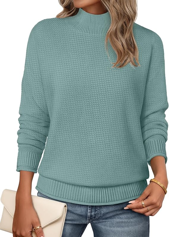 MEROKEETY Suéter de punto acogedor de otoño de manga larga con cuello alto para mujer 2026 de moda | Jersey Suelto, Dobladillo Acanalado, Color Sólido, Hombro Caído, Jersey Informal, Conjuntos Acogedores, Moda De Otoño, Ropa Abrigada De Invierno