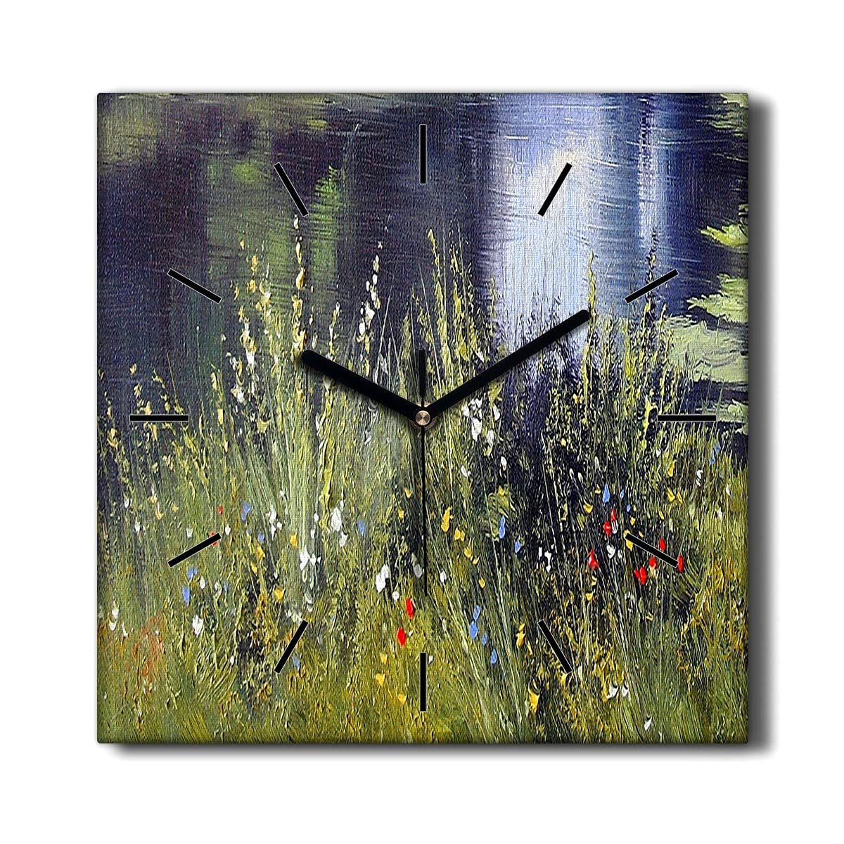 Horloge sur toile fleurs herbe rivière crée une ambiance zen dans votre salon