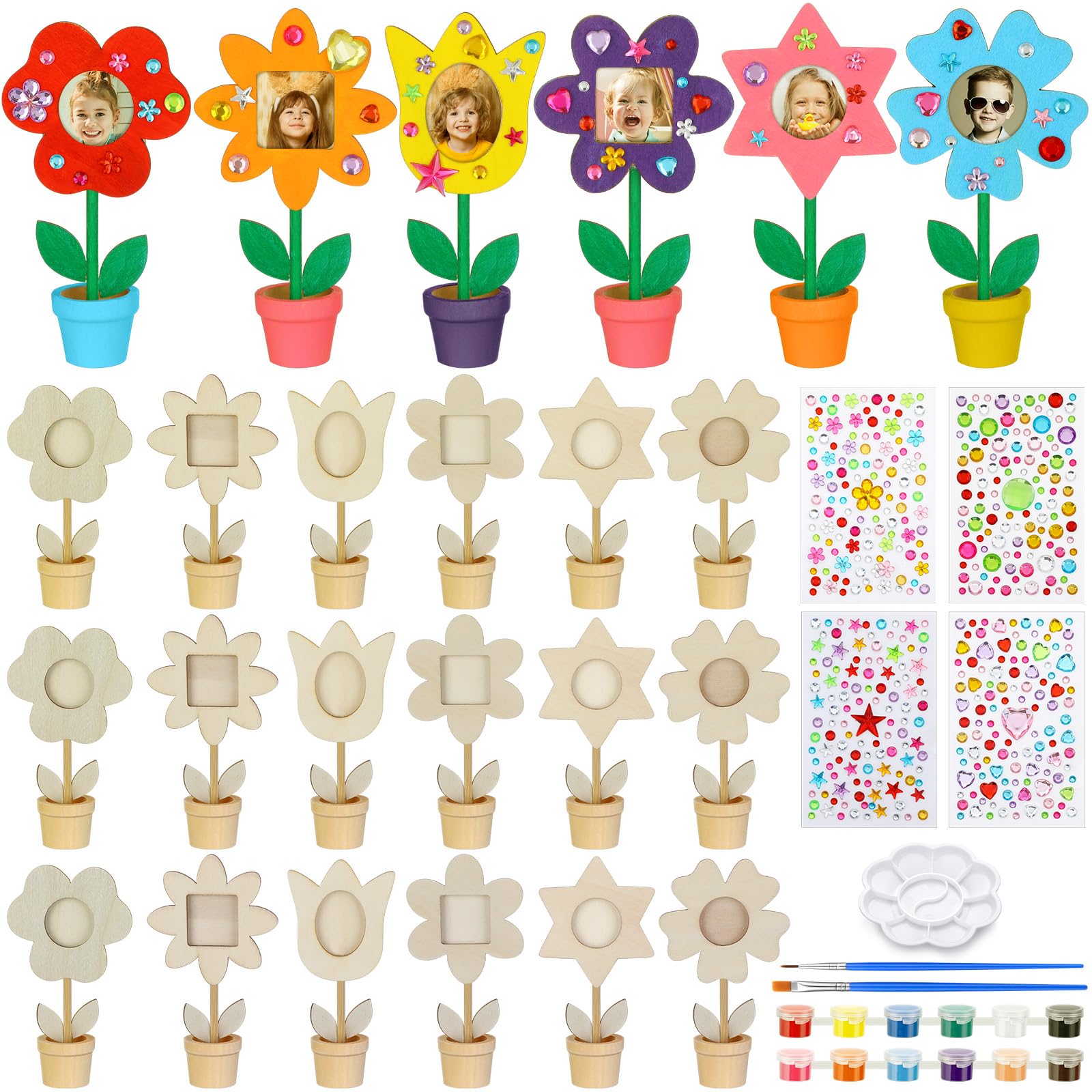 24 Pcs Wood Flower Pot Picture Frames Painting Craft Kit Unfinished DIY Picture Frame Blank Wooden Photo Frames with Painting Tools Gem Stickers for Kids Paint Decorate Mothers Day Gifts