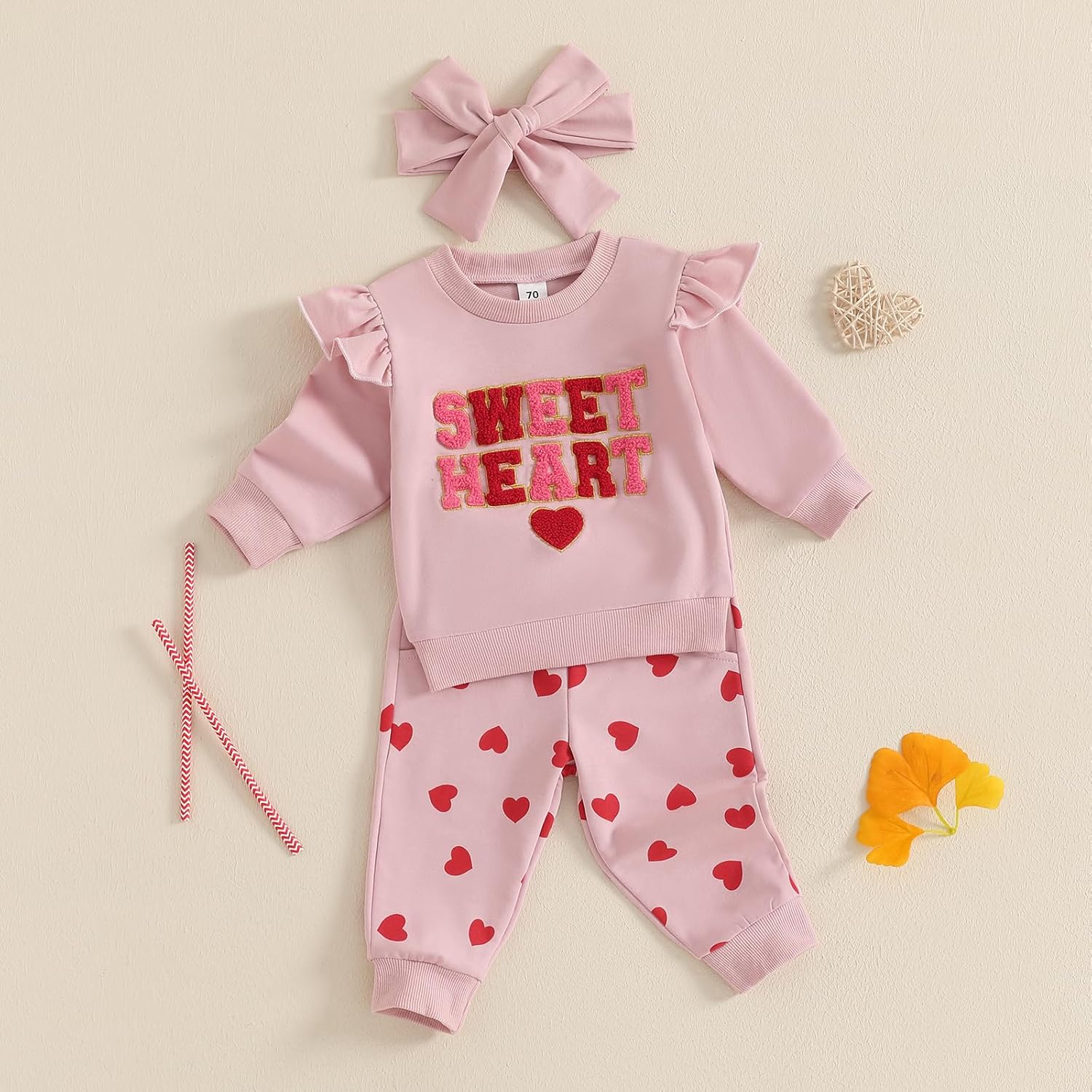 Ledy Champswiin Toddler Baby Girl Valentines Outfit Set Sweet Heart Sweatshirts Top & Long Pant Clothes with Headband - Image 3