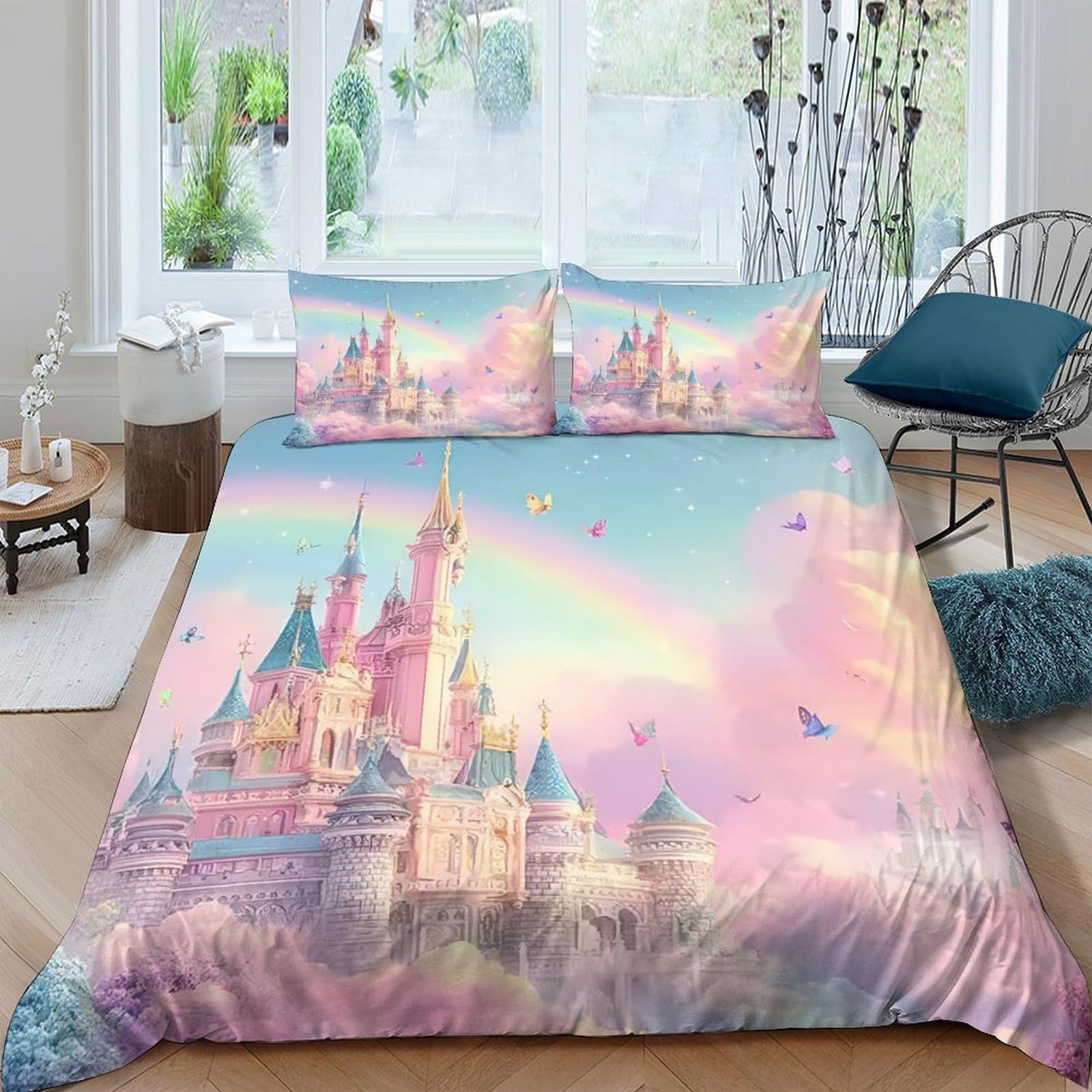Ctjqhvkz Style-4 3D Printed Dream Castle Fitted Sheet Microfiber Pastel Rainbow Bed Cover Anti-Slip For Bedroom Dorm Guest Room Decor Single（135X200cm）