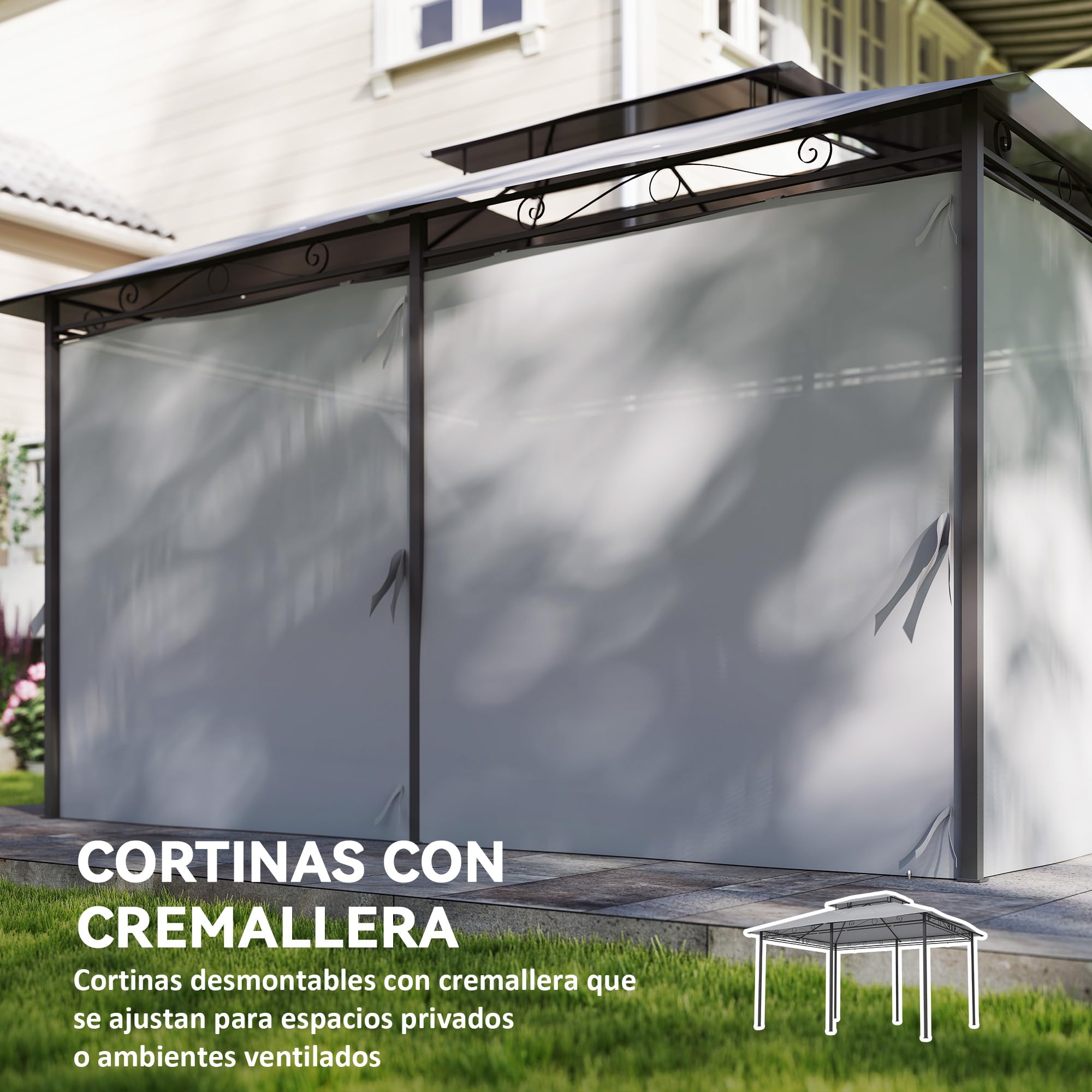 Outsunny Cenador para Jardín 3x4 m, Pabellón de Jardín, Gazebo con Doble Techo, 6 Paredes Laterales, Estructura Metálica, Drenaje, Carpa para Exterior, Terraza, Patio, Gris Oscuro
