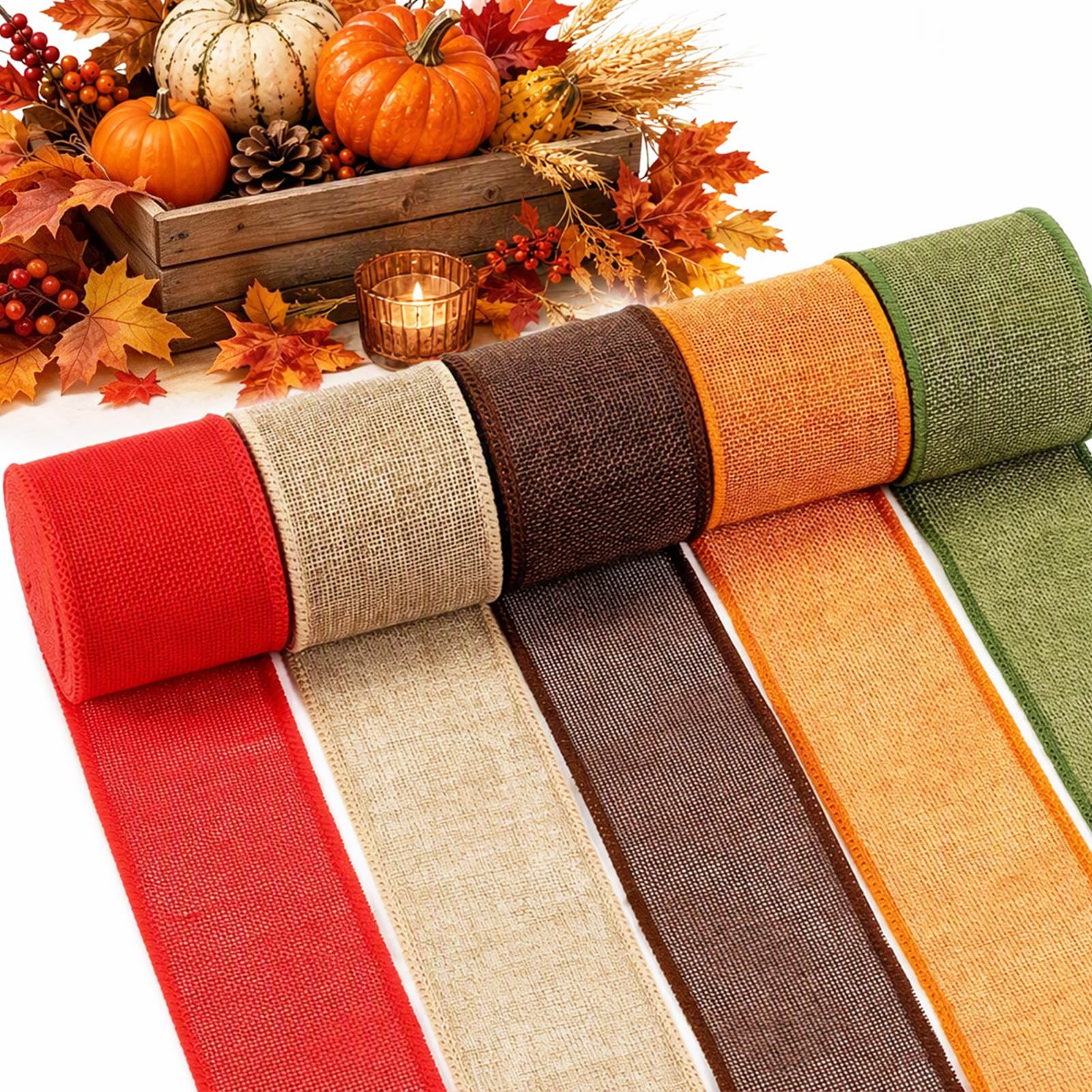 Biubee Fall Hessian Wired Ribbon, 5 Rolls 25m Total for Gift Wrapping